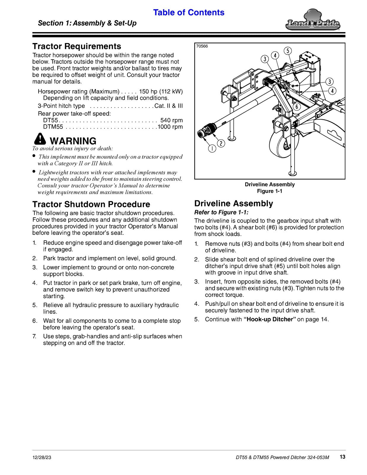 LAND PRIDE DT55 Series Ditchers Operators Manual - WIRE BOUND - TOUGH COVERS