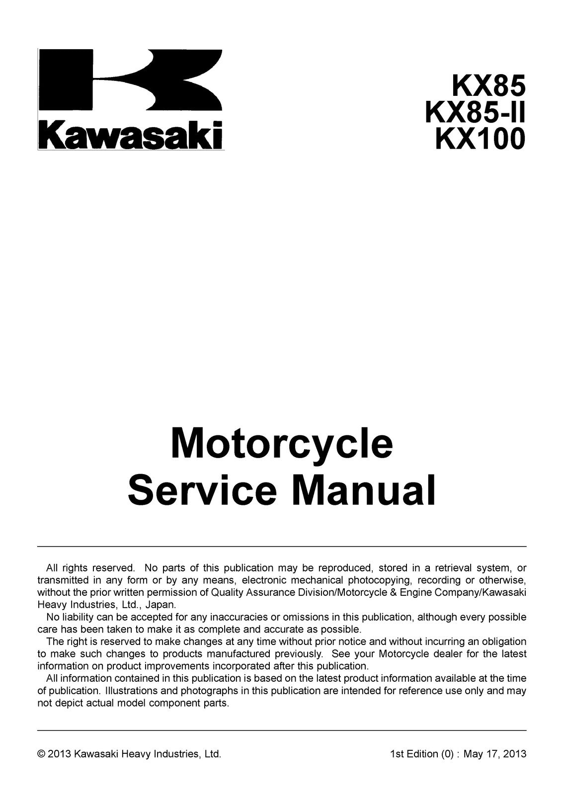 KAWASAKI KX85 KX85-II KX100 Motorcycle Service Manual - WIRE BOUND - COVERS