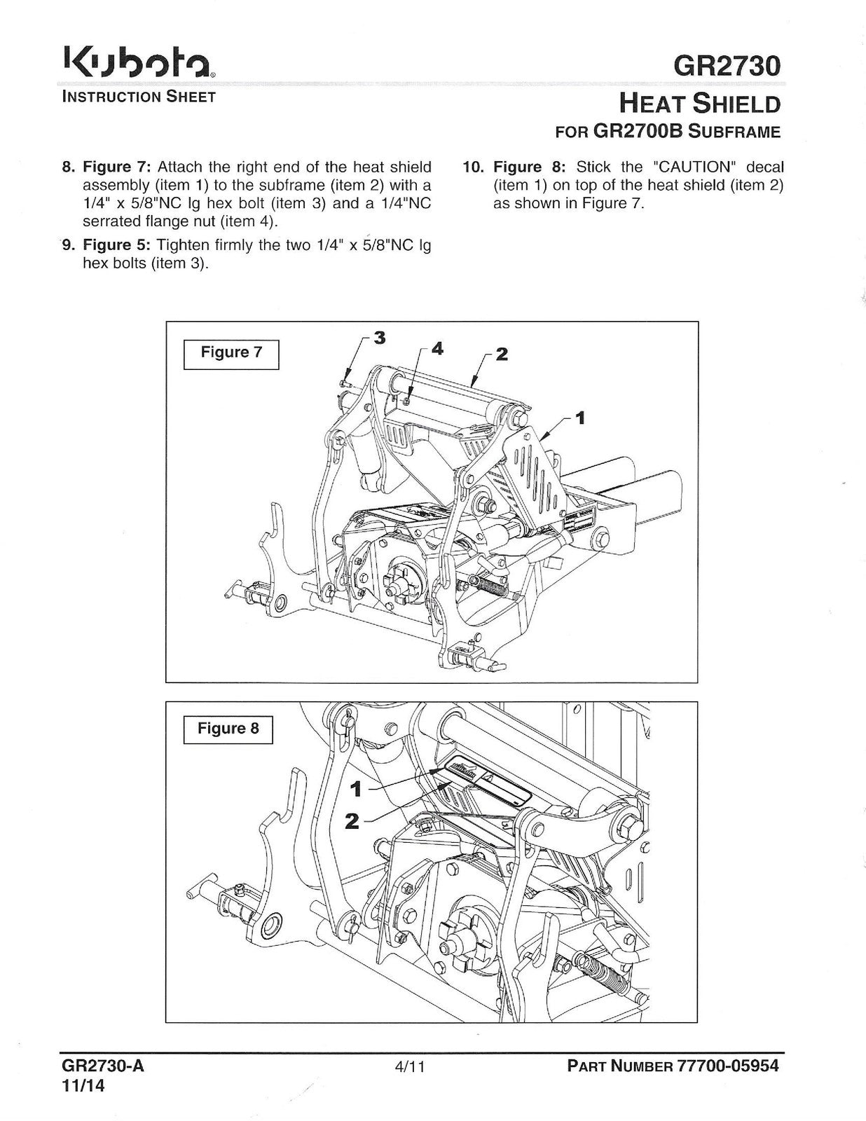 KUBOTA GR2730 Heat Shield For GR2700B GR2120-2 Manual - WIRE BOUND - COVERS