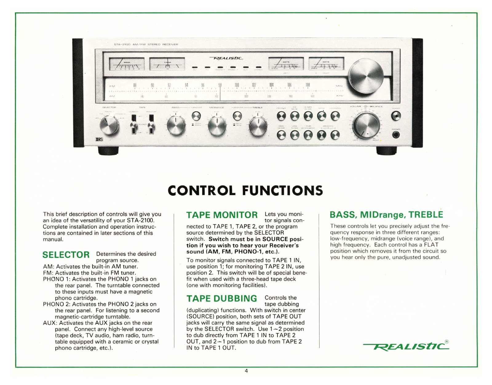 REALISTIC STA-2100 AM FM Stereo Receiver Owners Manual - WIRE BOUND - COVERS