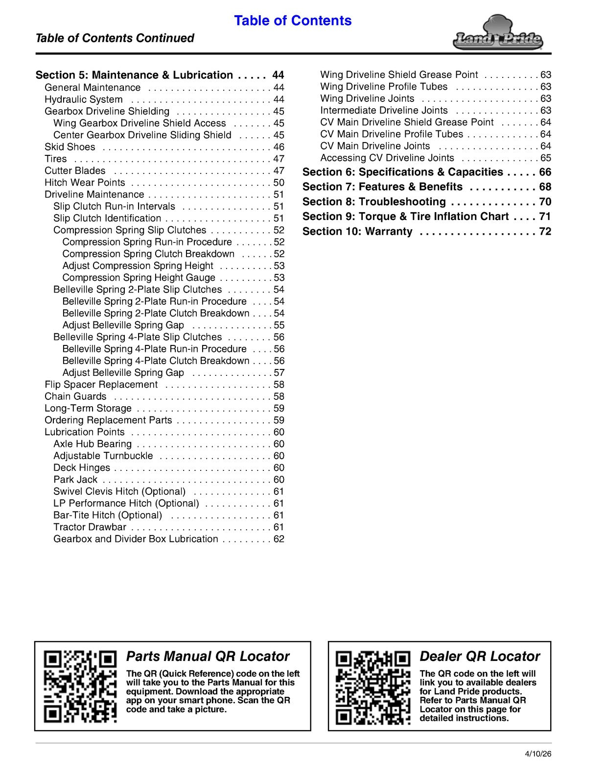 LAND PRIDE RC4710 Rotary Cutters Operators Manual - WIRE BOUND - TOUGH COVERS