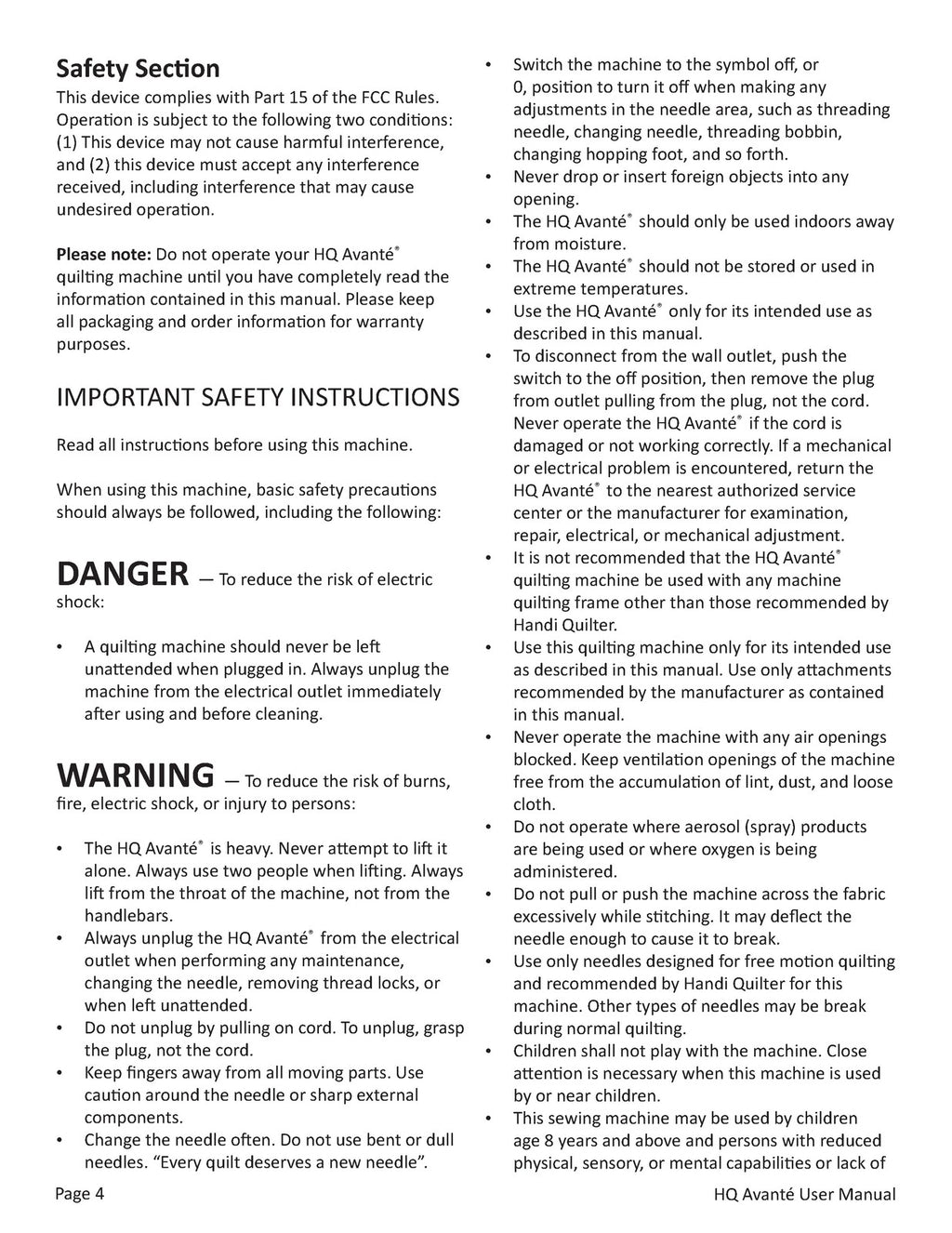 HANDI QUILTER HQ Avante v3.4 User Manual - WIRE BOUND - TOUGH COVERS