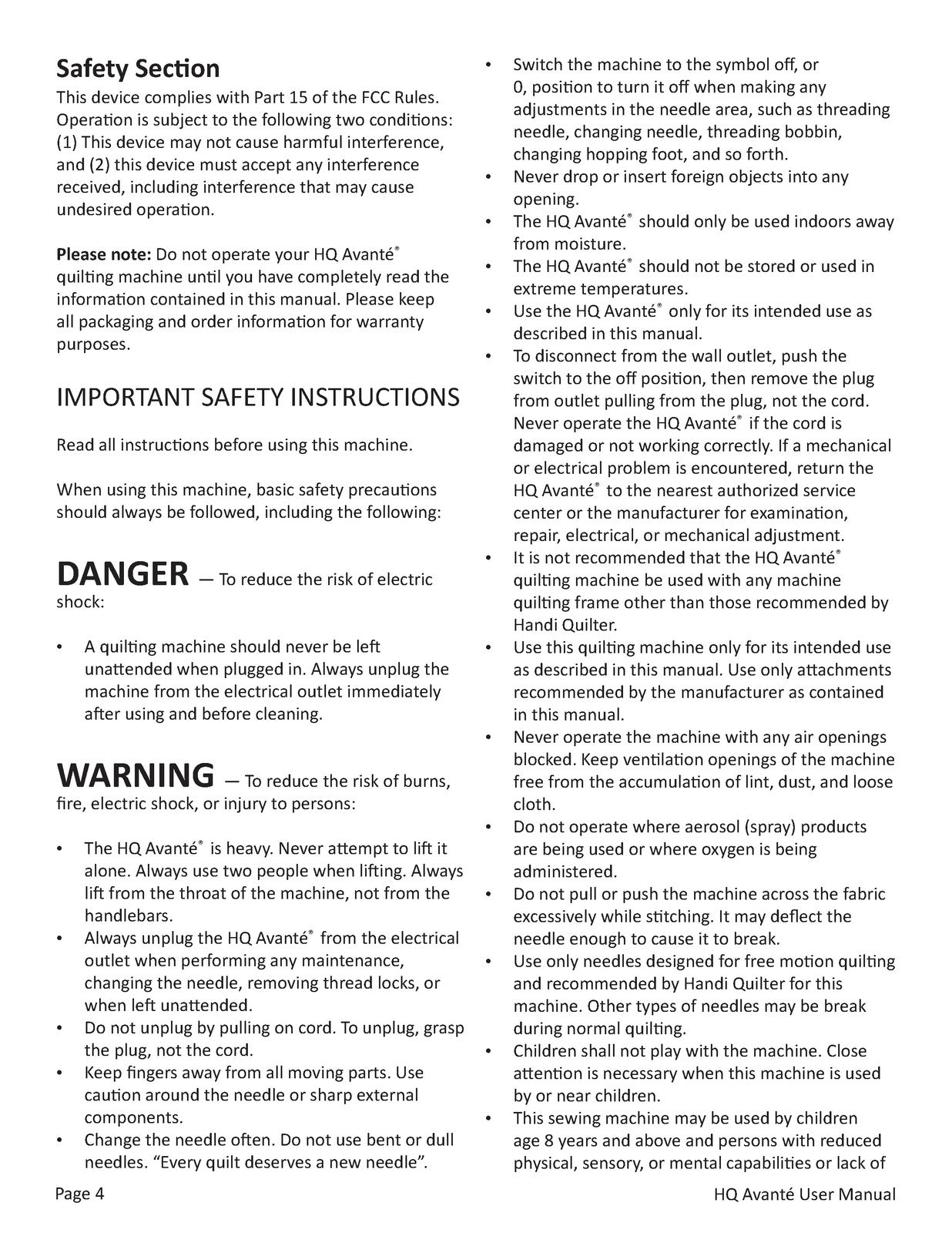 HANDI QUILTER HQ Avante v3.4 User Manual - WIRE BOUND - TOUGH COVERS