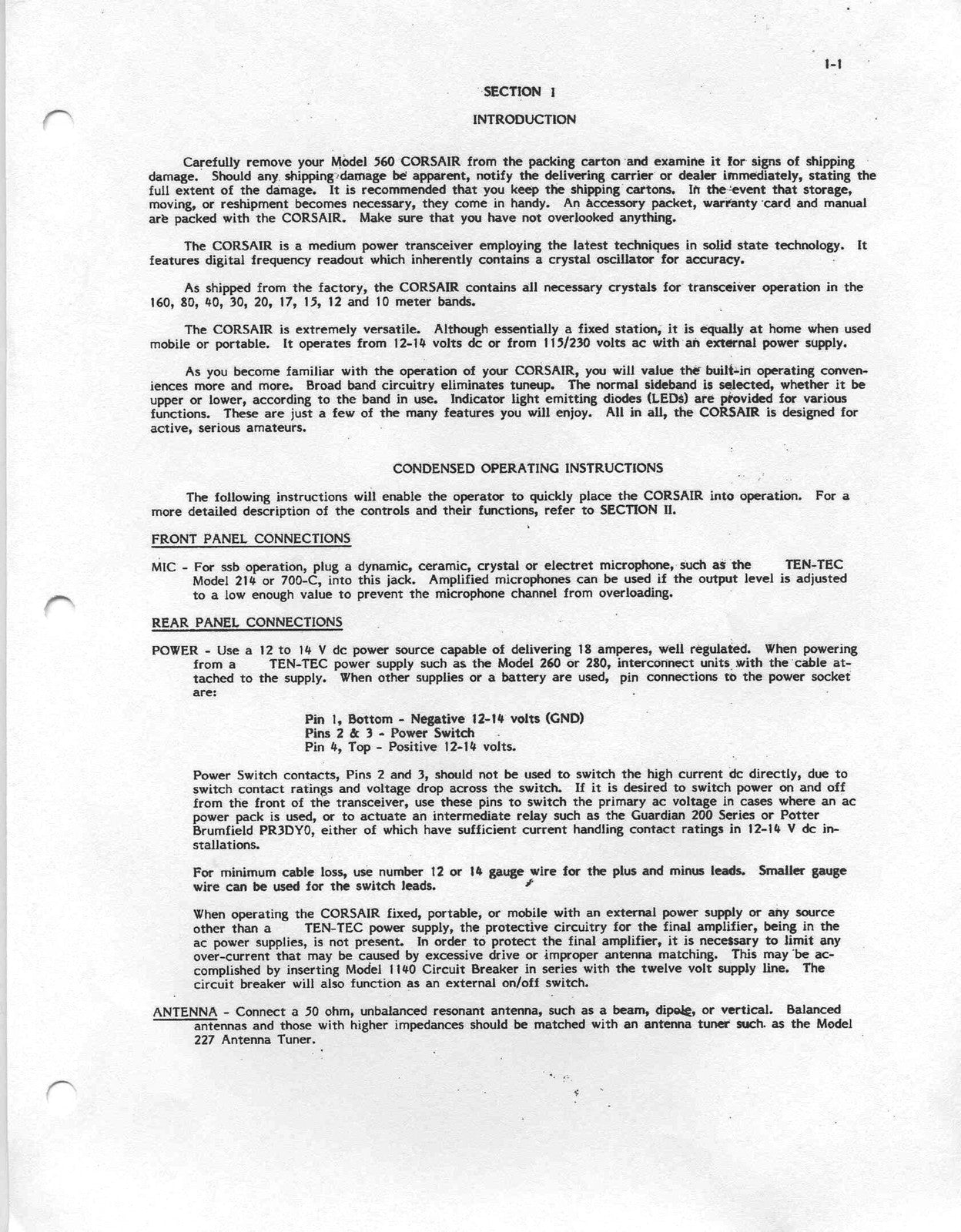 TEN TEC CORSAIR 560 Owners Manual - STEEL WIRE BOUND - PROTECTIVE COVERS