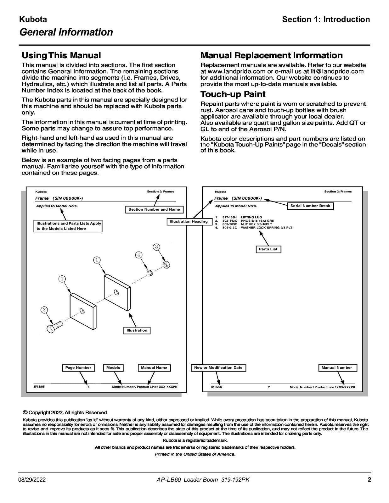 LAND PRIDE LB60 Loader Boom Parts Manual 2022 - STEEL WIRE BOUND - TOUGH COVERS