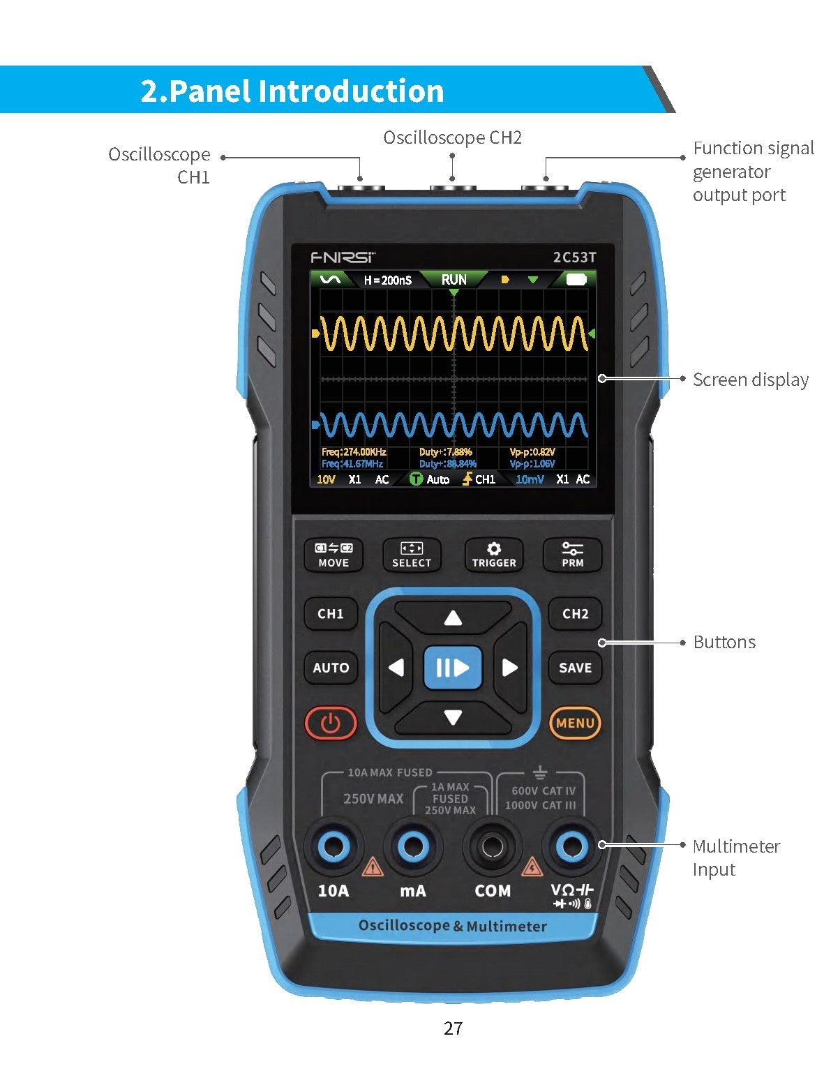 FNIRSI 2C53T 50M Dual Channel Oscilloscope Multimeter User Manual - WIRE BOUND