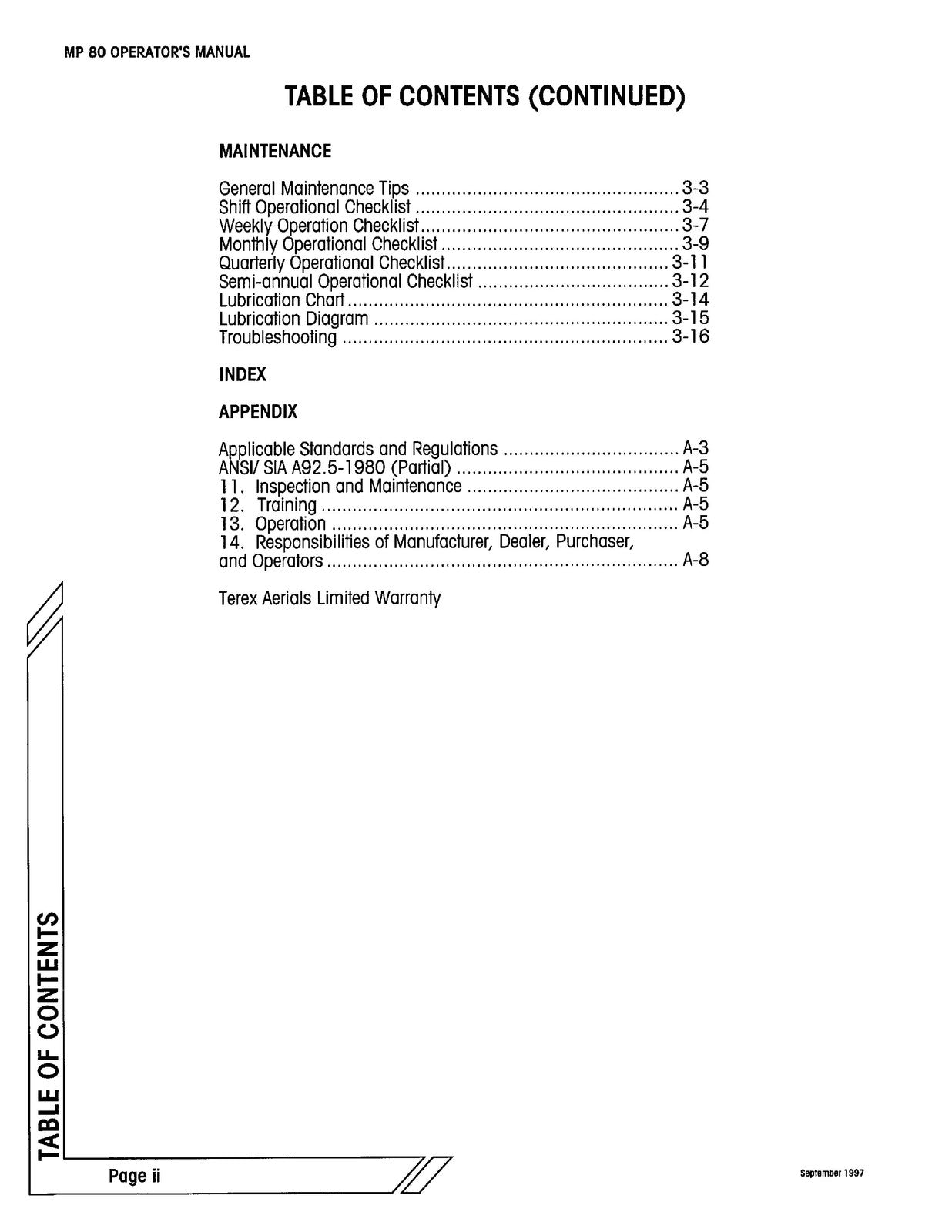 TEREX AERIALS MP 80 Self-Propelled Boom Operator Maintenance Manual 1997 - BOUND
