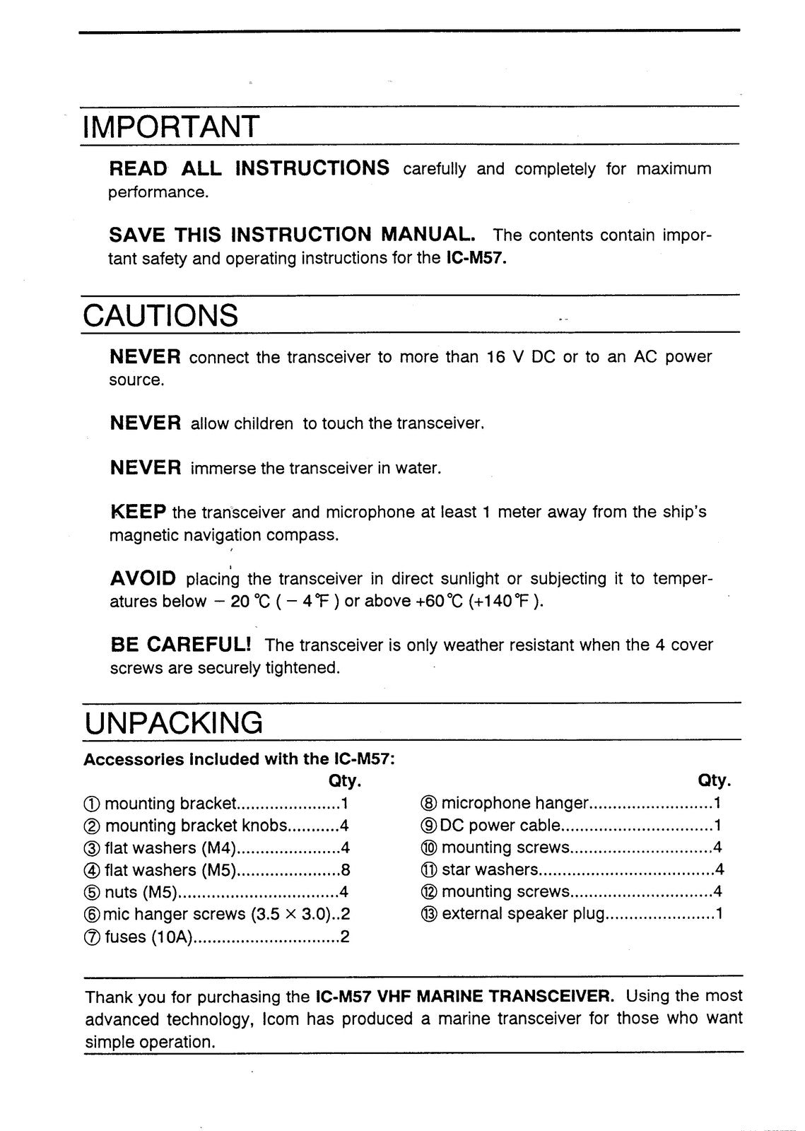 ICOM IC-M57 Marine Tranceiver Instruction Manual - WIRE BOUND - TOUGH COVERS