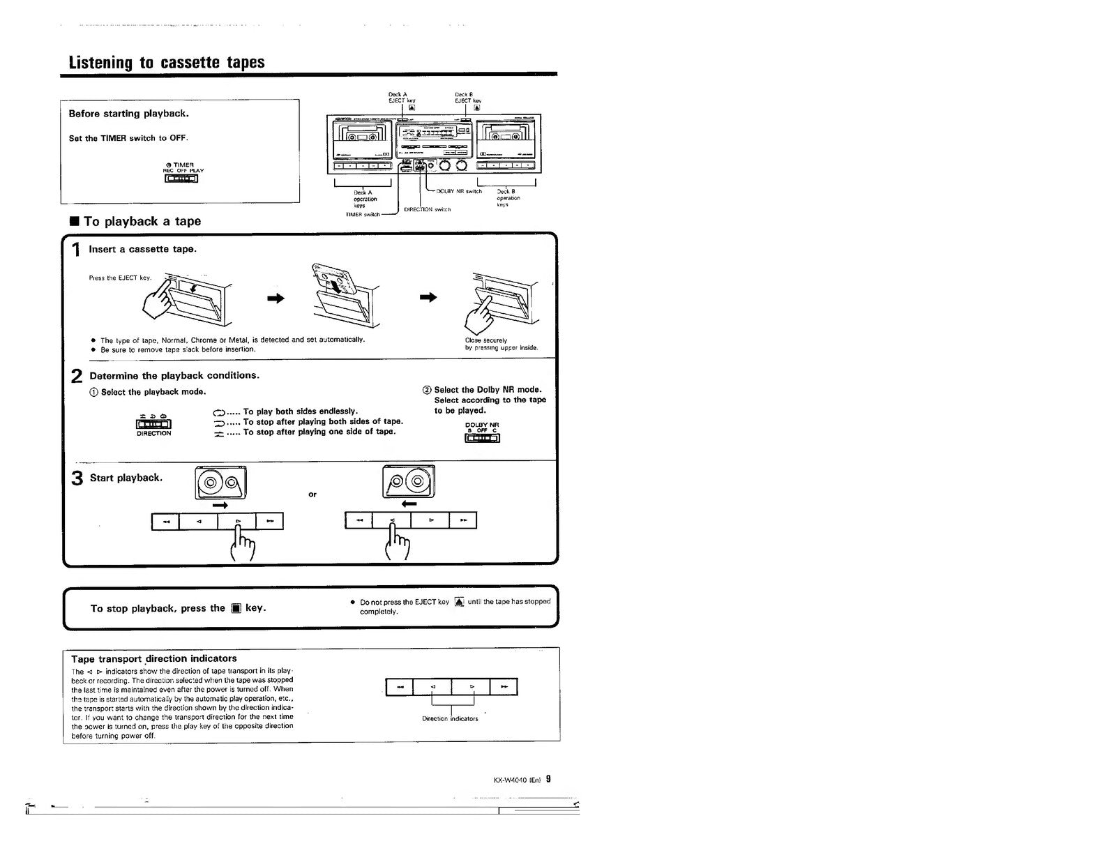 KENWOOD KX-W4040 Stereo Cassette Tape Deck Instruction Manual - WIRE BOUND
