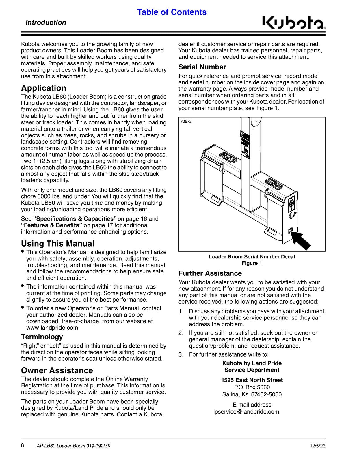 LAND PRIDE LB60 Loader Boom Operators Manual - STEEL WIRE BOUND - TOUGH COVERS