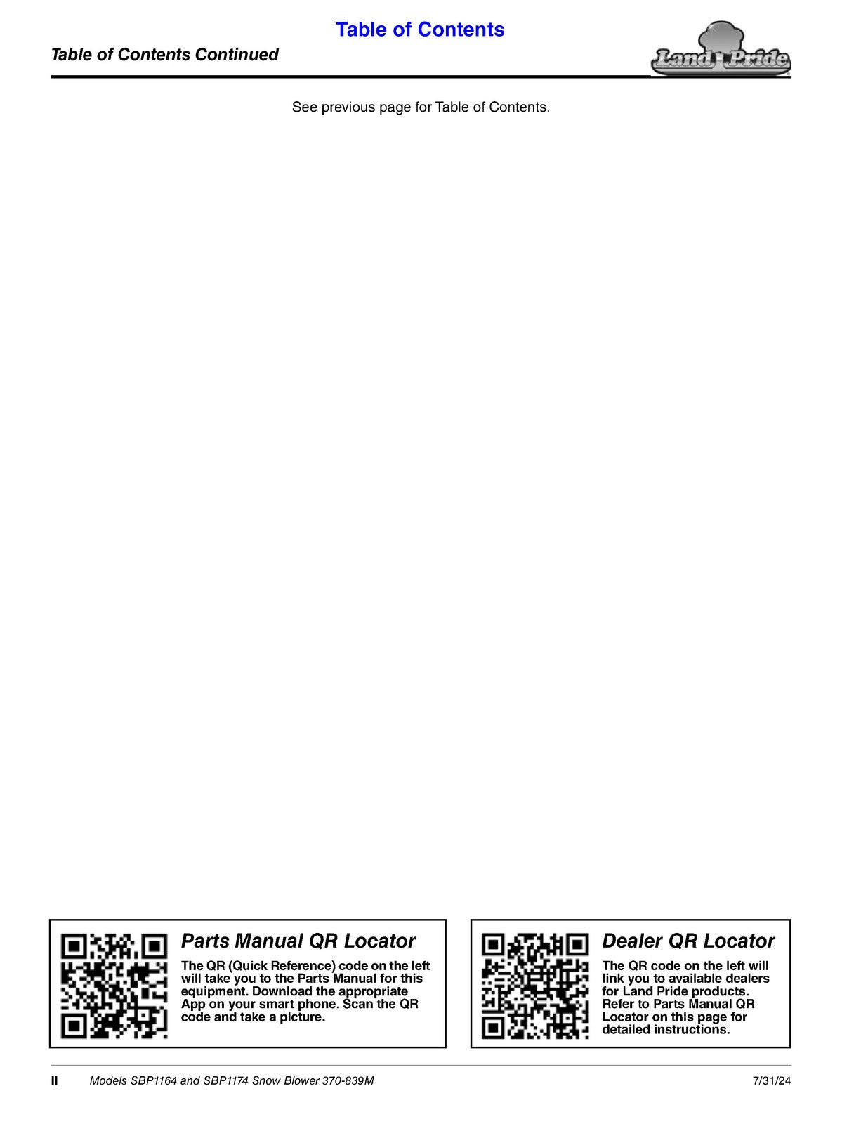 LAND PRIDE SBP11 Series Snow Blowers Operators Manual - WIRE BOUND - COVERS