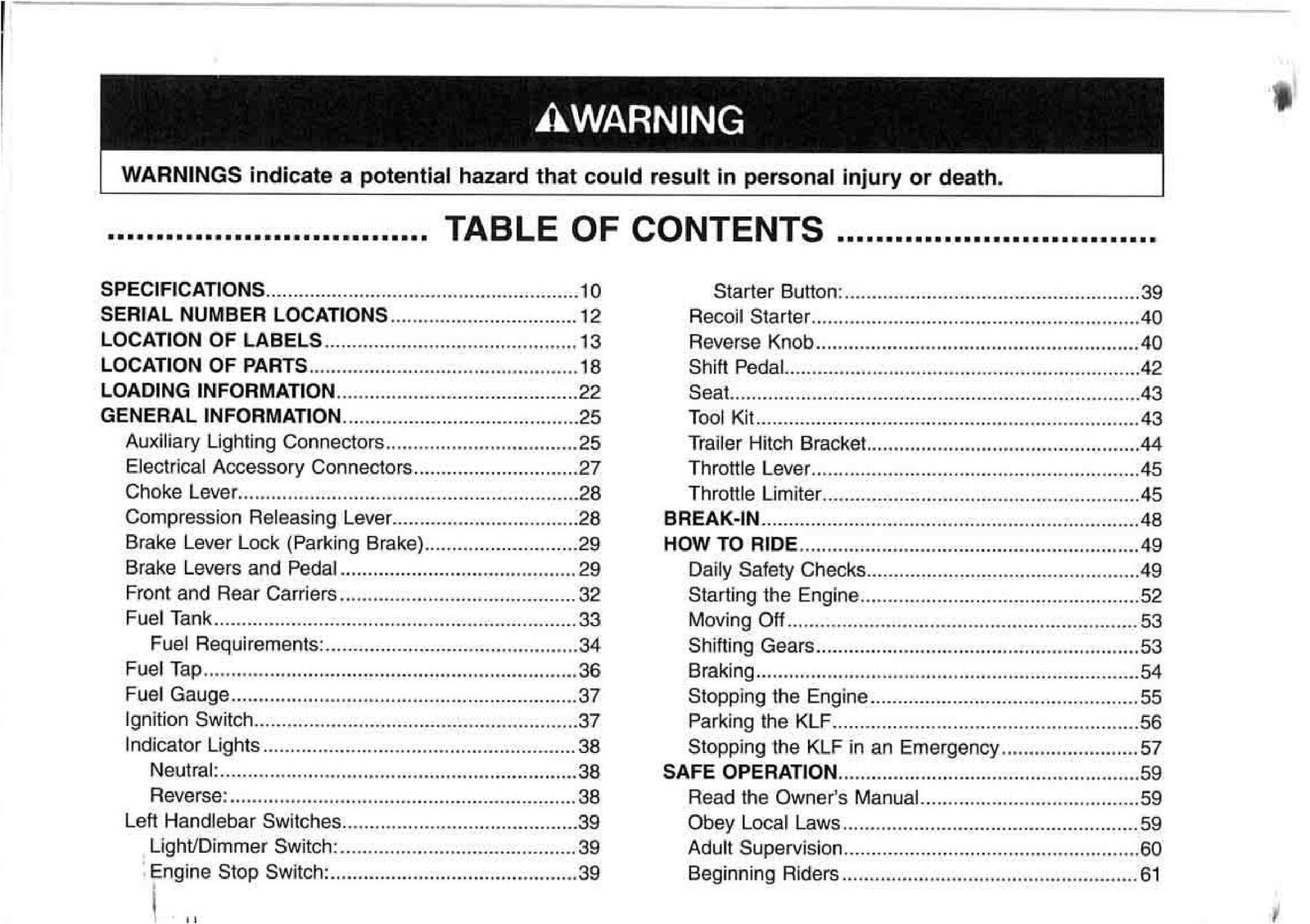 KAWASAKI Bayou 250 Owners Manual 2004 - STEEL WIRE BOUND - PROTECTIVE COVERS