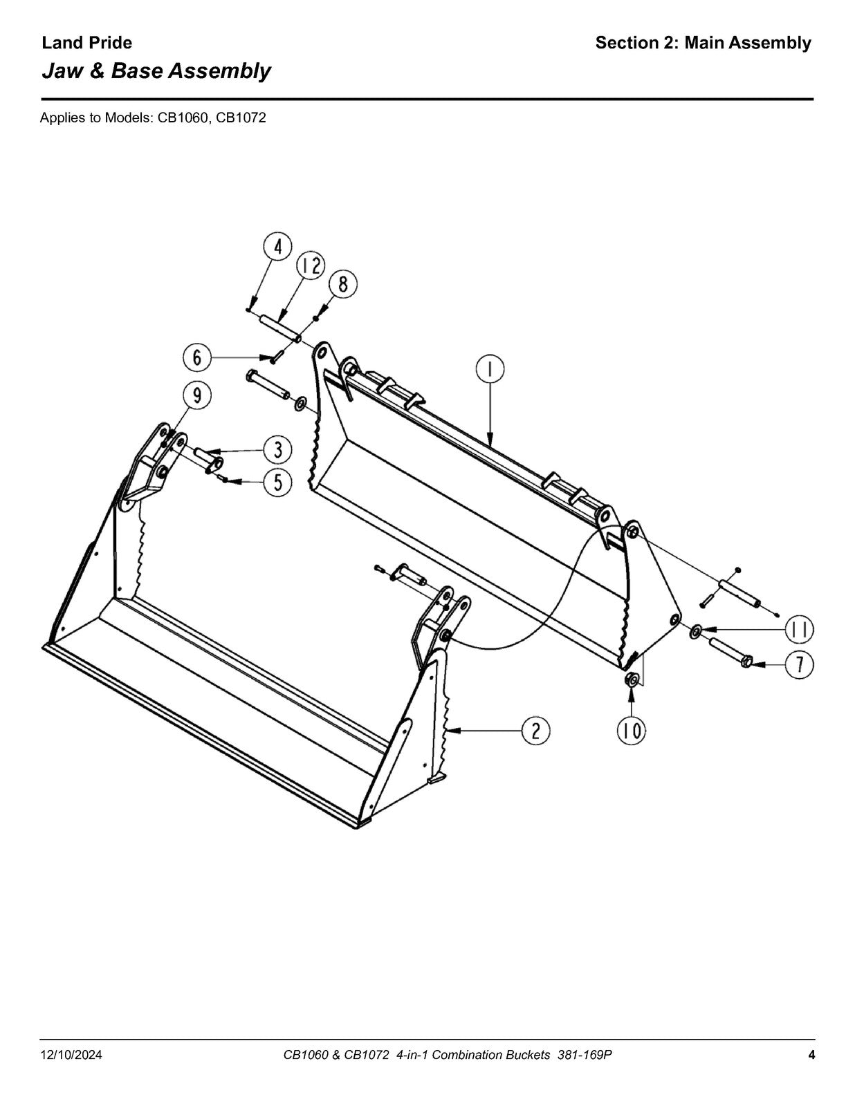 LAND PRIDE CB10 Series Combination Bucket Parts Manual 2024 - WIRE BOUND