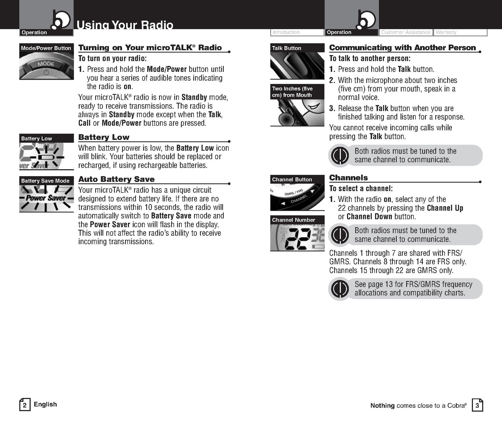 COBRA PR250WX microTALK Two-Way Radio Owners Manual - WIRE BOUND - TOUGH COVERS