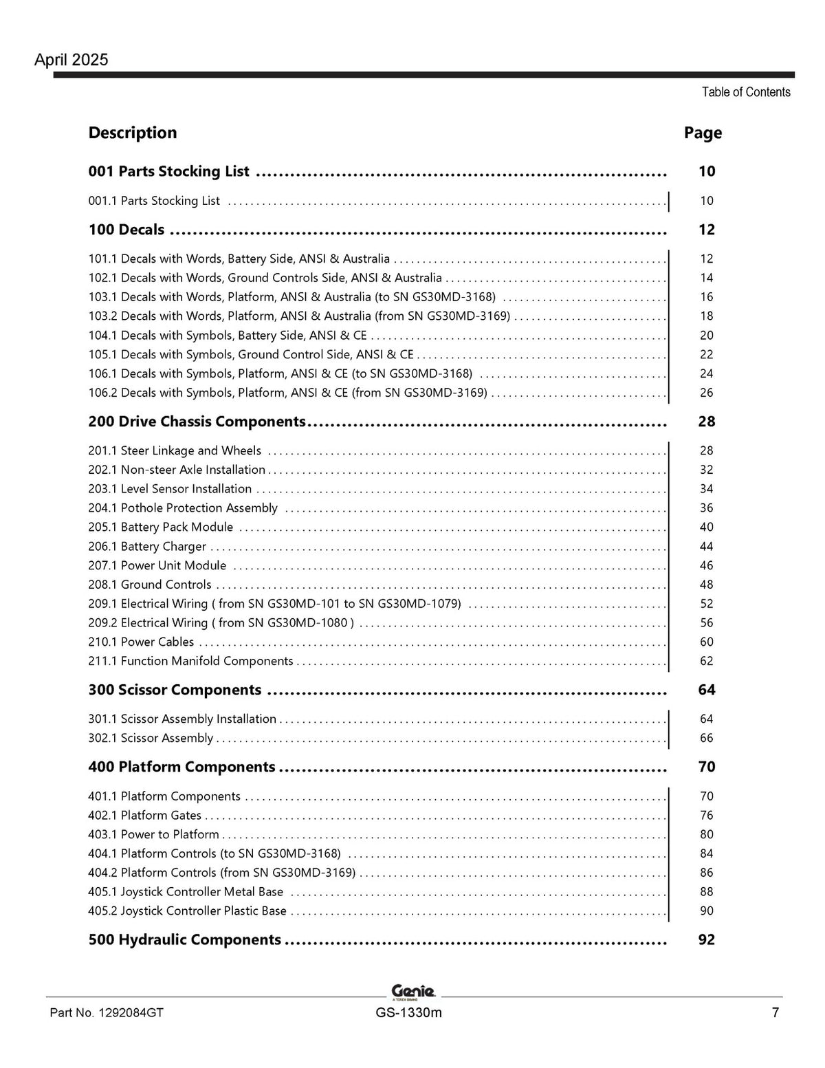 GENIE GS-1330m Scissor Lift Parts Manual SN GS30MD-101 Up 2025 - WIRE BOUND
