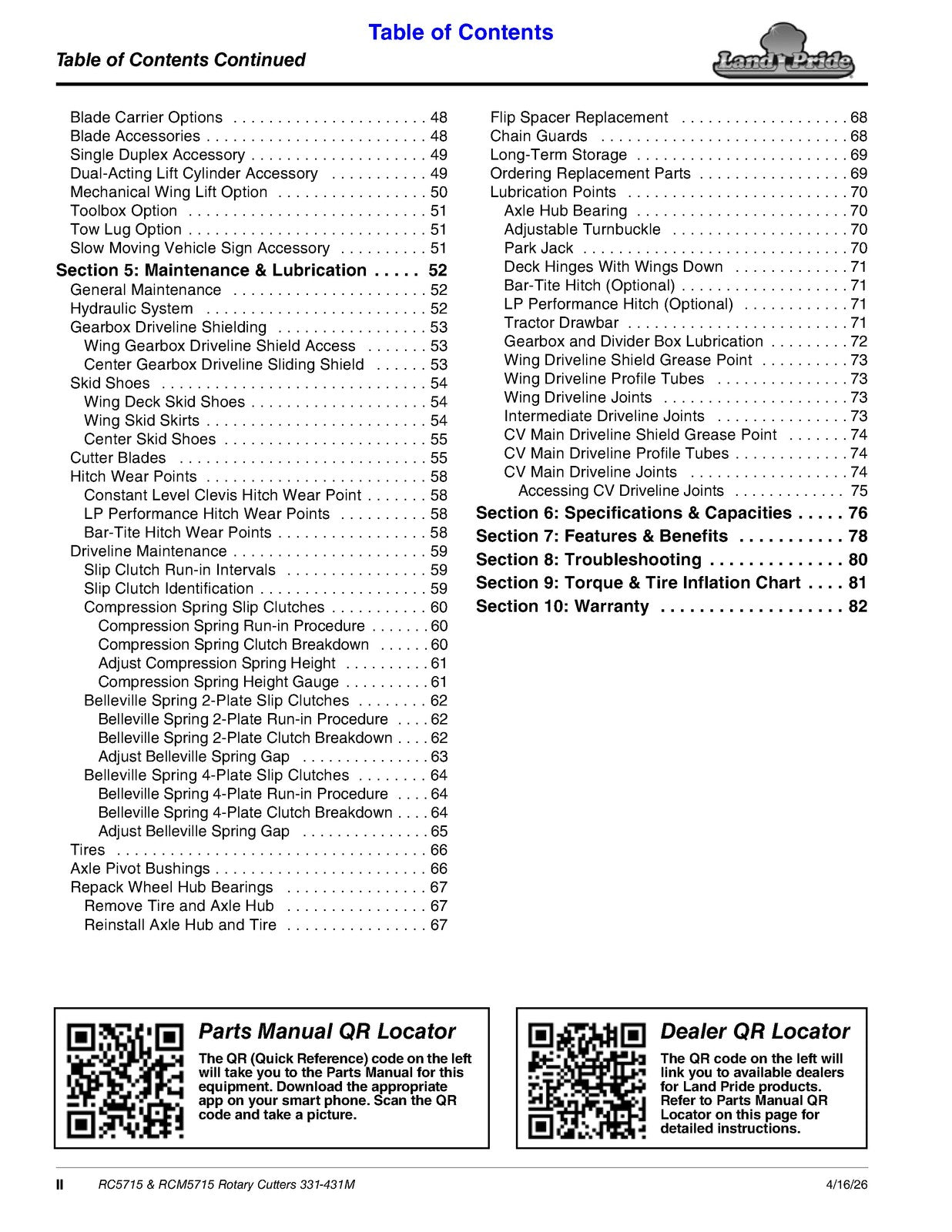 LAND PRIDE RC5715 Rotary Cutters Operators Manual - WIRE BOUND - TOUGH COVERS