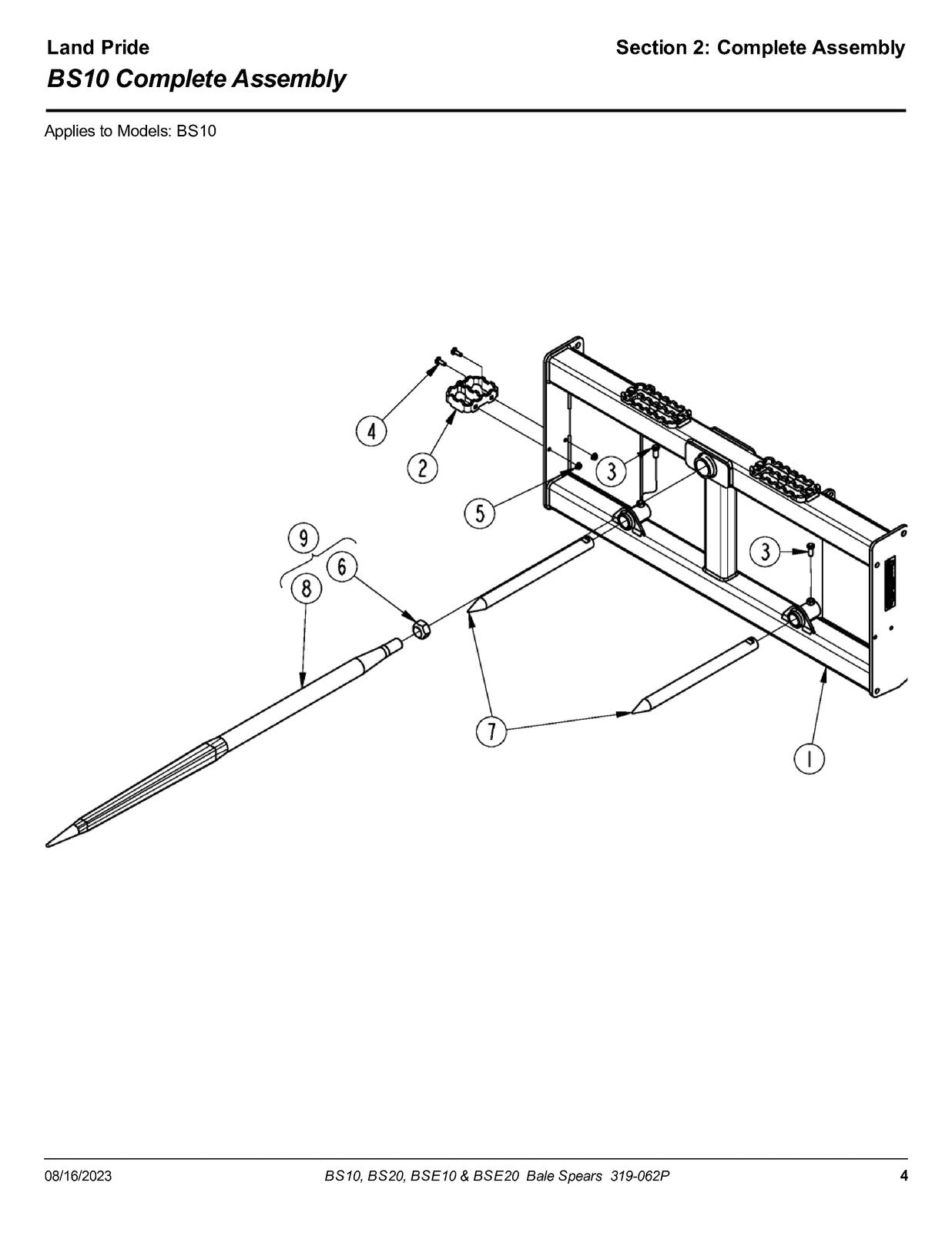 LAND PRIDE BS10 BS20 BSE20 Series Bale Spears Parts Manual 2023 - WIRE BOUND