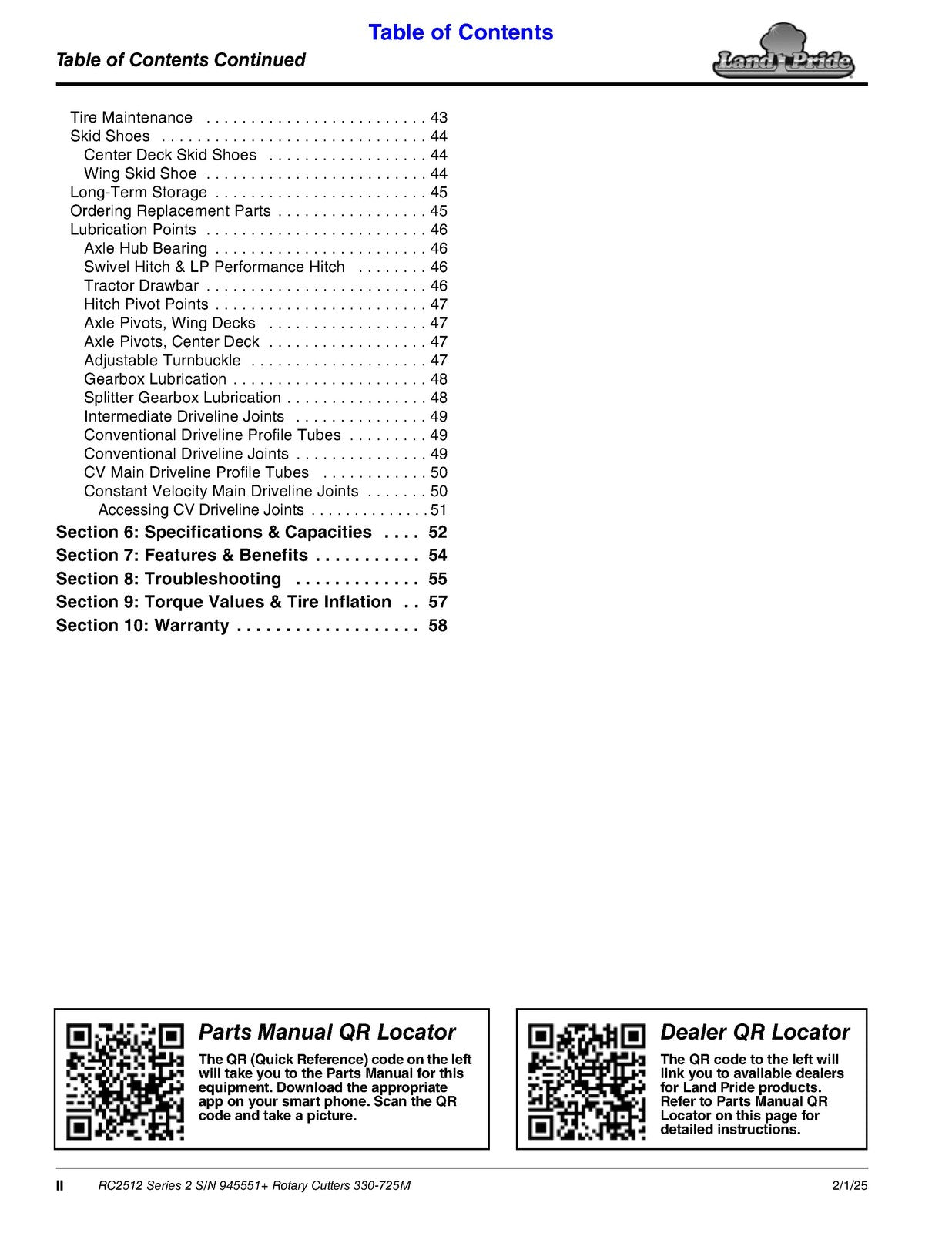 LAND PRIDE RC2512 Rotary Cutters Operators Manual - WIRE BOUND - TOUGH COVERS