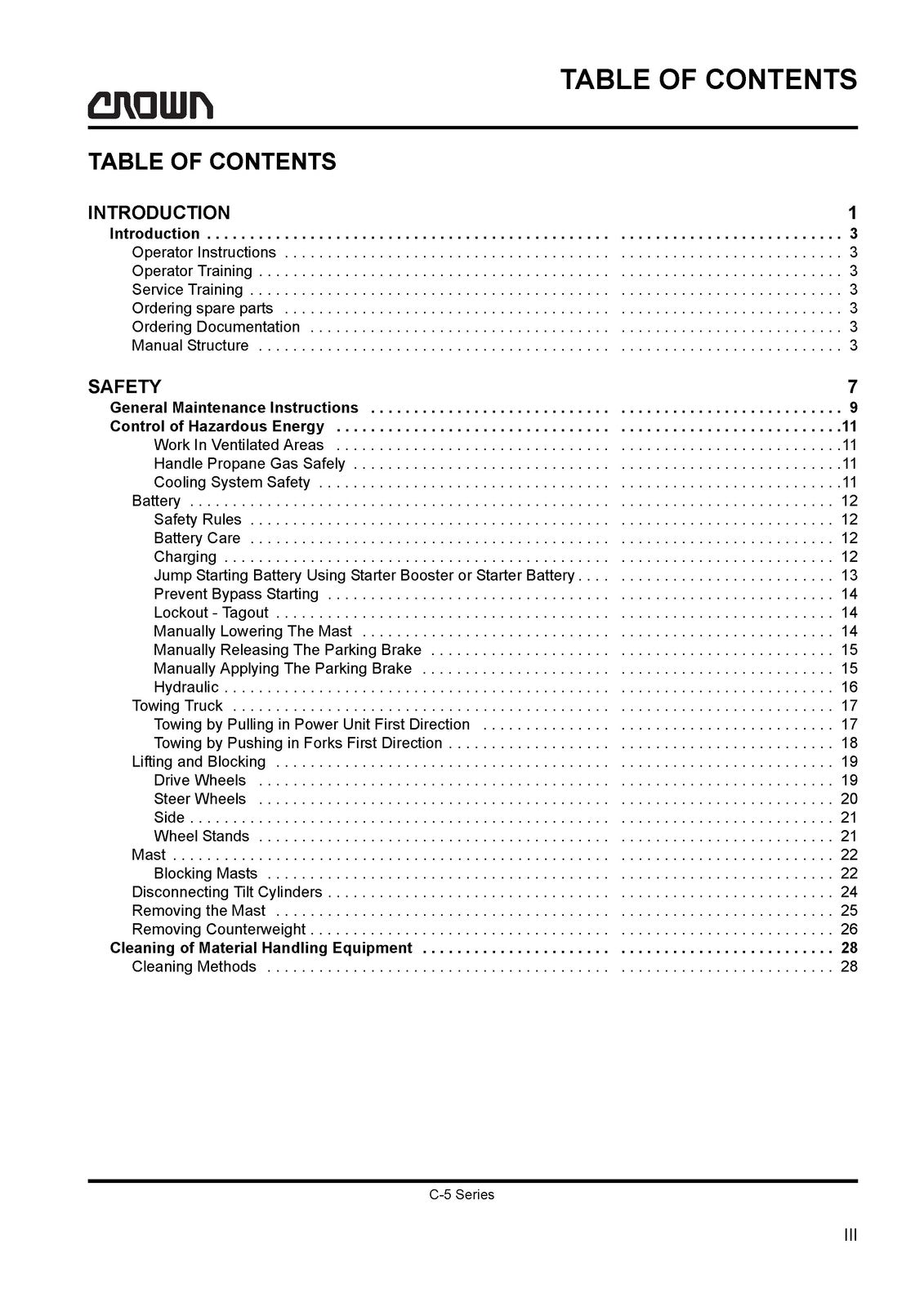 CROWN C-5 Series LPG Cushion Forklift Maintenance Manual - WIRE BOUND - COVERS