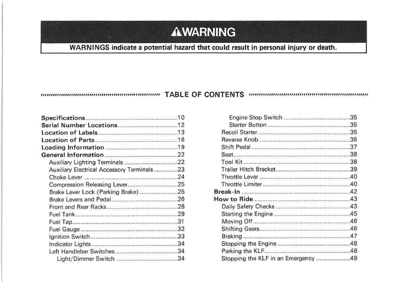 KAWASAKI Bayou 220 Owners Manual 1999 - STEEL WIRE BOUND - PROTECTIVE COVERS