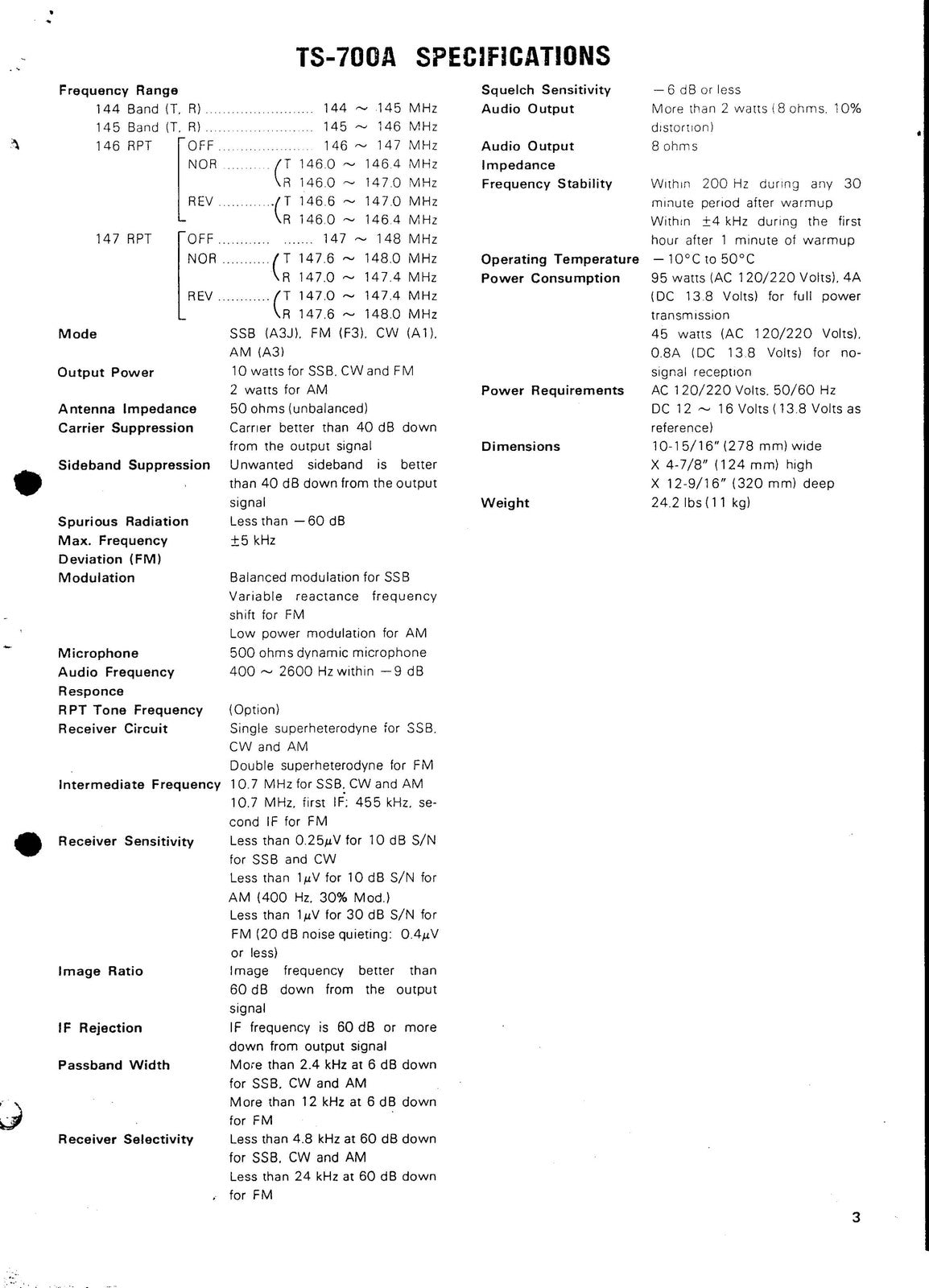 KENWOOD TS-700A TS-700G 2m Transceiver Service Manual - WIRE BOUND - COVERS