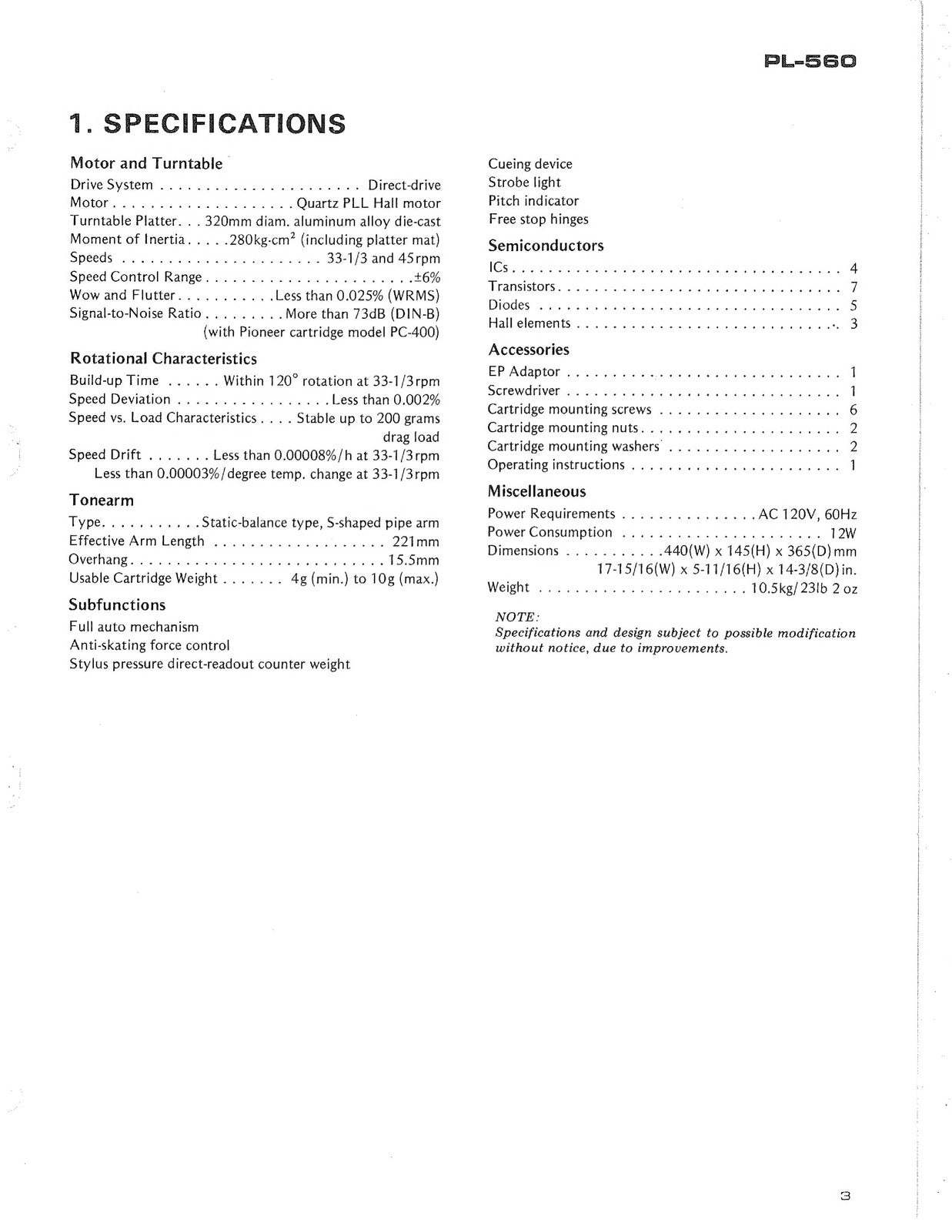 PIONEER PL-560 Turntable Service Manual - BOUND - COVERS - XL FOLDOUT PAGES