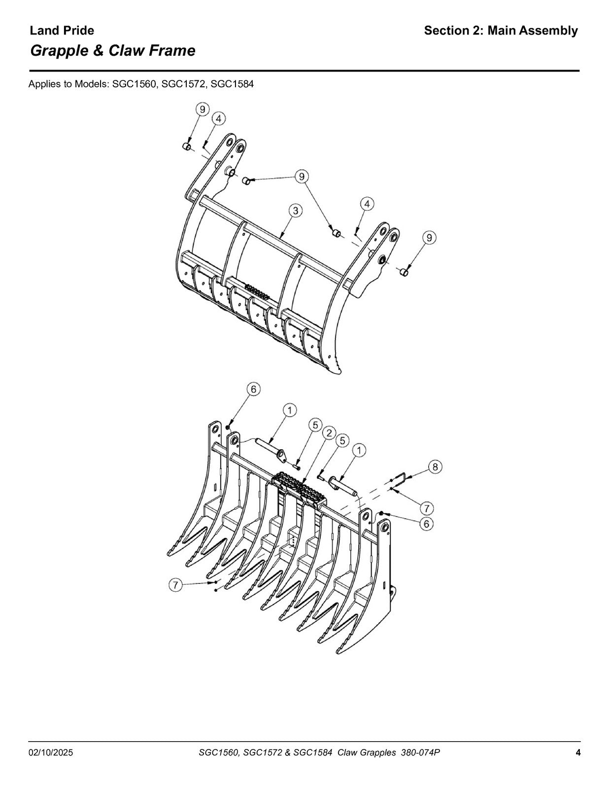 LAND PRIDE SGC15 Series Claw Grapples Parts Manual 2025 - WIRE BOUND - COVERS