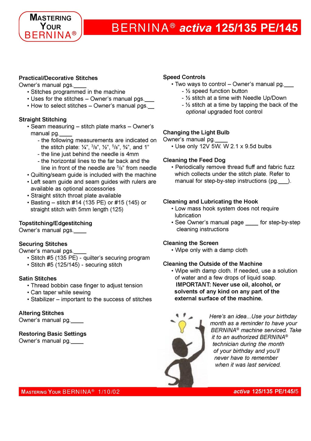 BERNINA Activa 125 135 PE 145 Mastery Workbook - STEEL WIRE BOUND - TOUGH COVERS