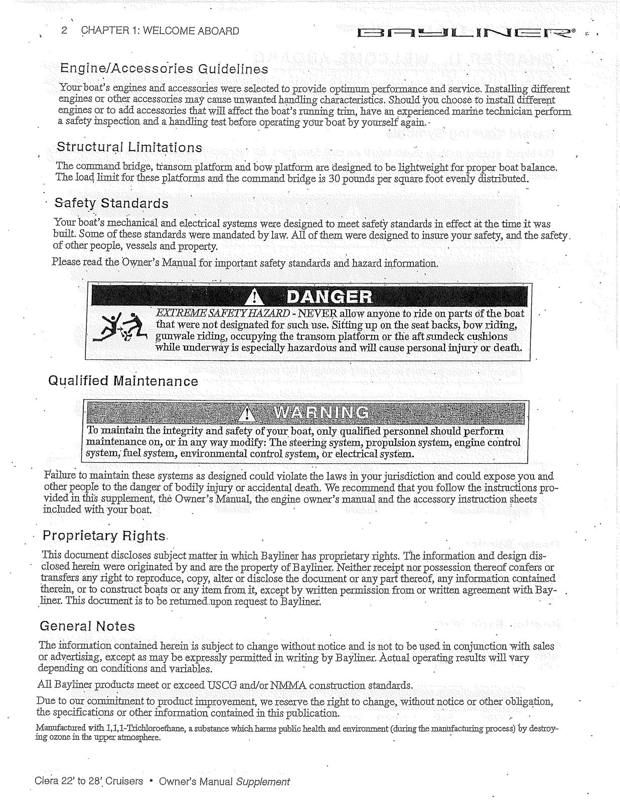 BAYLINER Ciera 22 To 28 Cruisers Owners Manual Supplement 1998 - WIRE BOUND