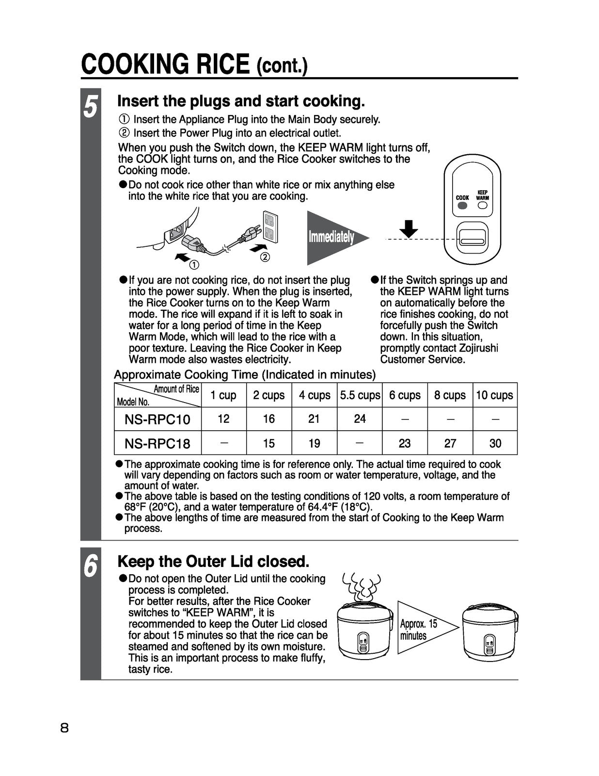 ZOJIRUSHI NS-RPC10 NS-RPC18 Rice Cooker Operating Instructions Manual - BOUND