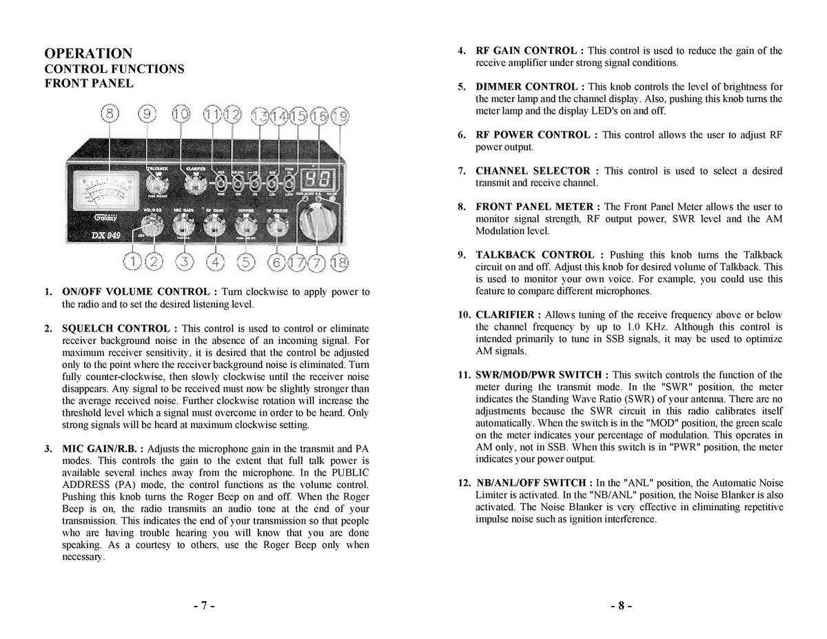 GALAXY DX 949 AM SSB CB Mobile Transceiver Owners Manual - WIRE BOUND - COVERS