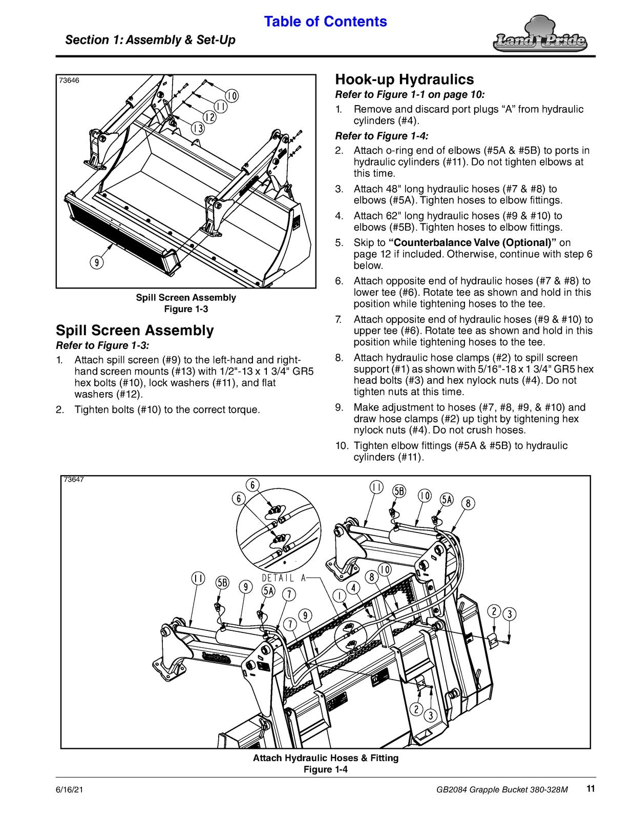 LAND PRIDE GB20 Series Grapple Bucket Operators Manual - WIRE BOUND - COVERS