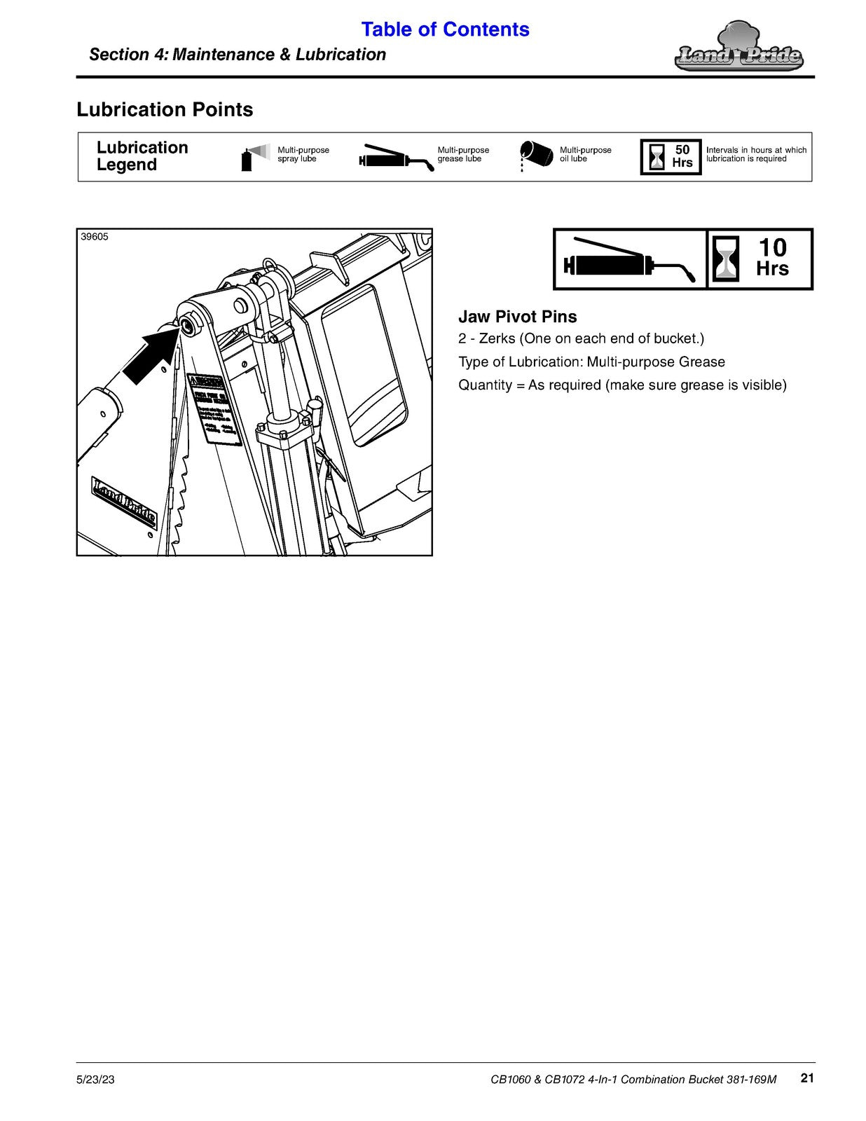 LAND PRIDE CB10 Series Combination Bucket Operators Manual - WIRE BOUND - COVERS
