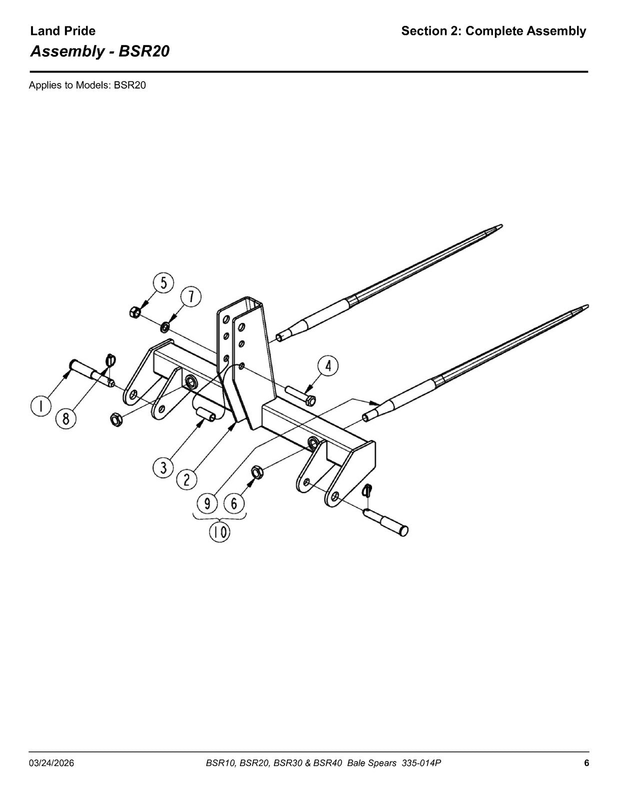 LAND PRIDE BSR10 Series Bale Spears Parts Manual 2026 - WIRE BOUND - COVERS