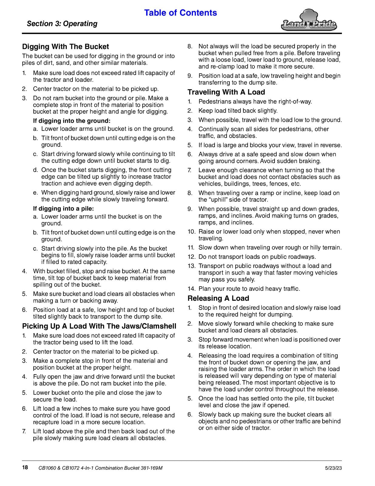 LAND PRIDE CB1060 CB1072 4-In-1 Combination Bucket Operators Manual - WIRE BOUND