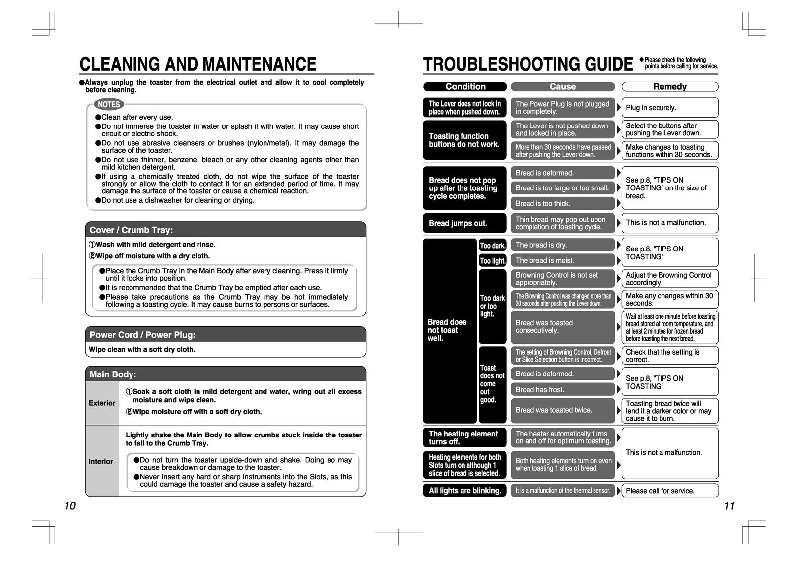 ZOJIRUSHI ET-XAC20 Pop-Up Toaster Operating Instructions Manual 2 - WIRE BOUND