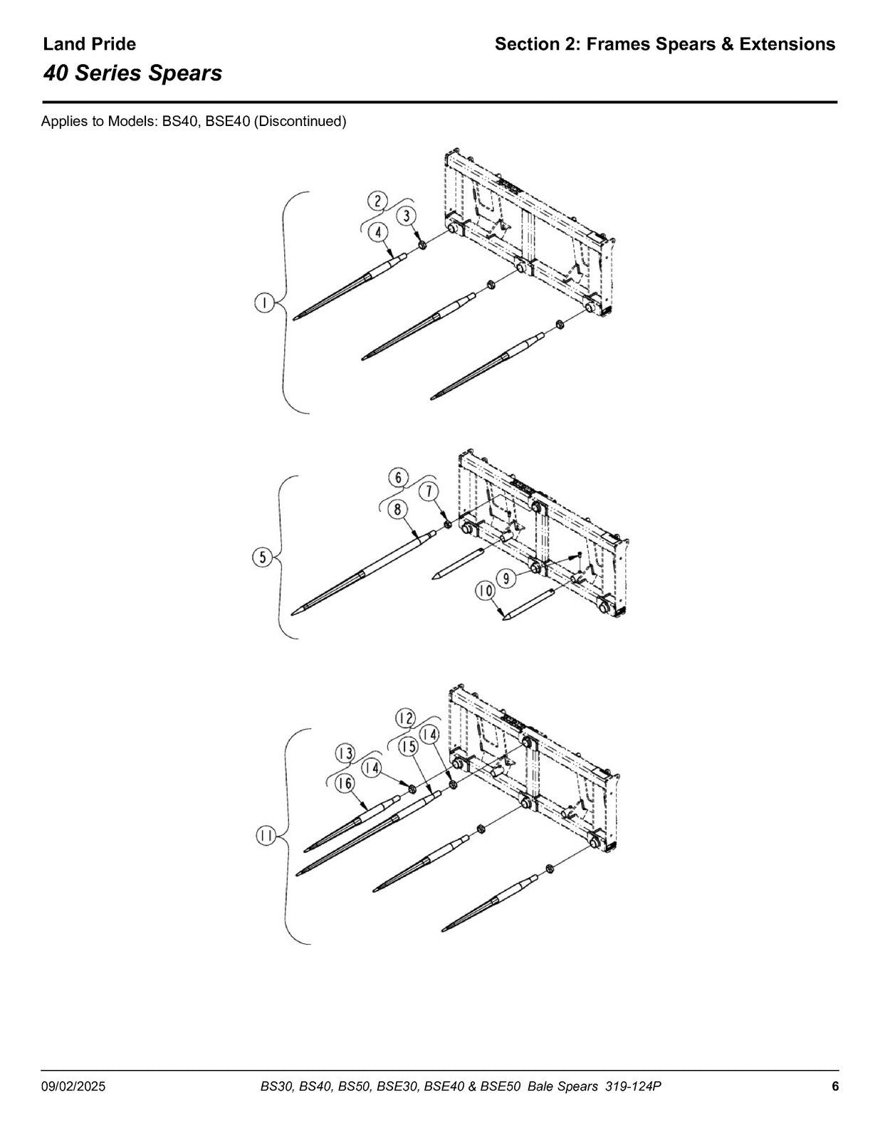 LAND PRIDE BS30 BS40 BS50 BSE50 Bale Spears Parts Manual - WIRE BOUND - COVERS