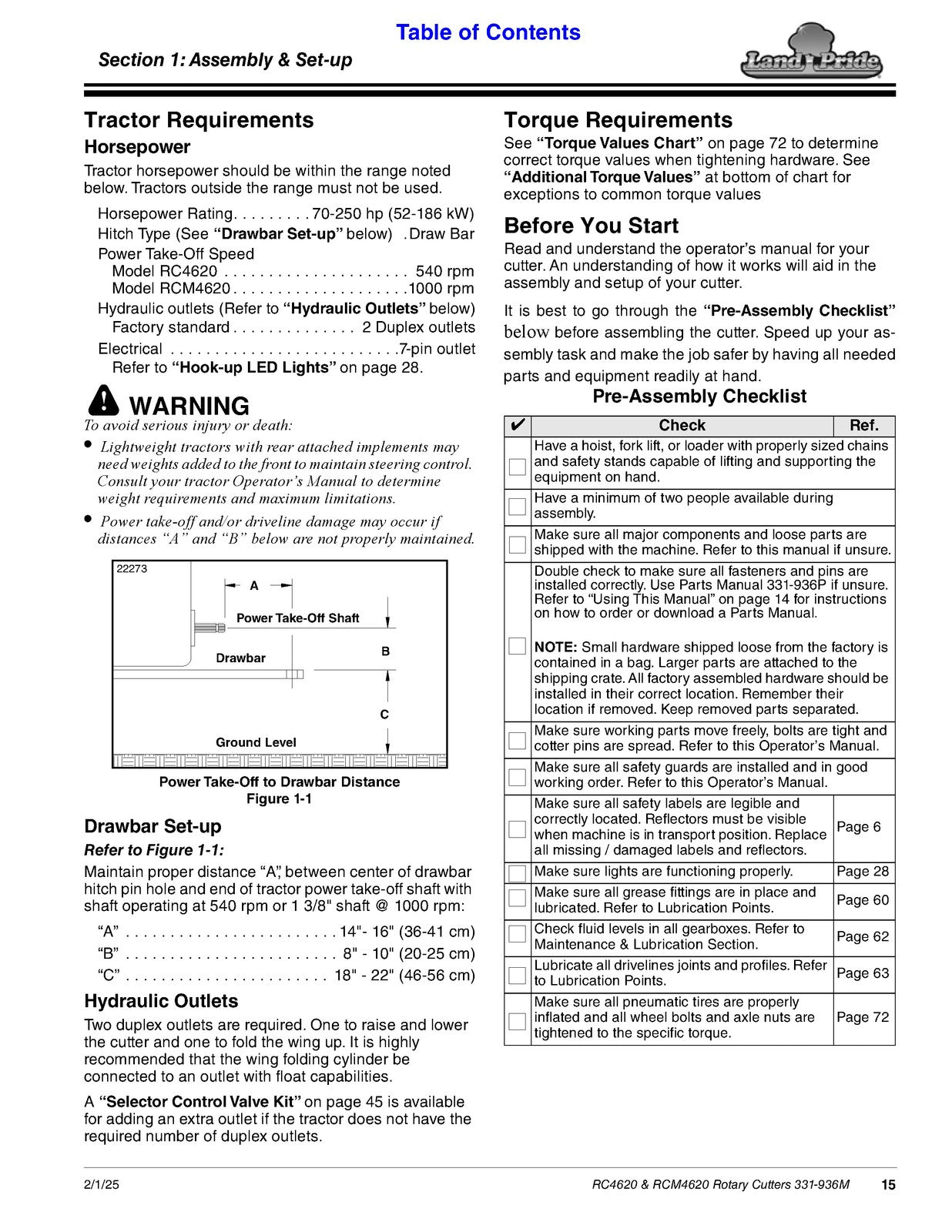 LAND PRIDE RC4620 Rotary Cutter Operators Manual - WIRE BOUND - TOUGH COVERS