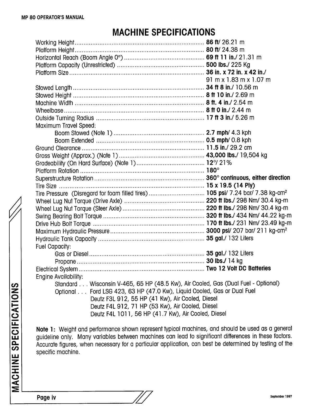 TEREX AERIALS MP 80 Self-Propelled Boom Operator Maintenance Manual 1997 - BOUND