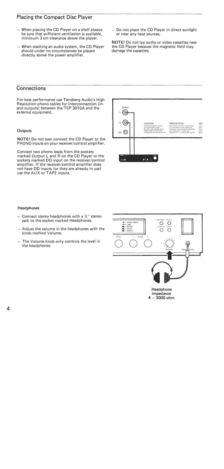 TANDBERG TCP 3015A CD Player Operating Instructions Manual - WIRE BOUND - COVERS