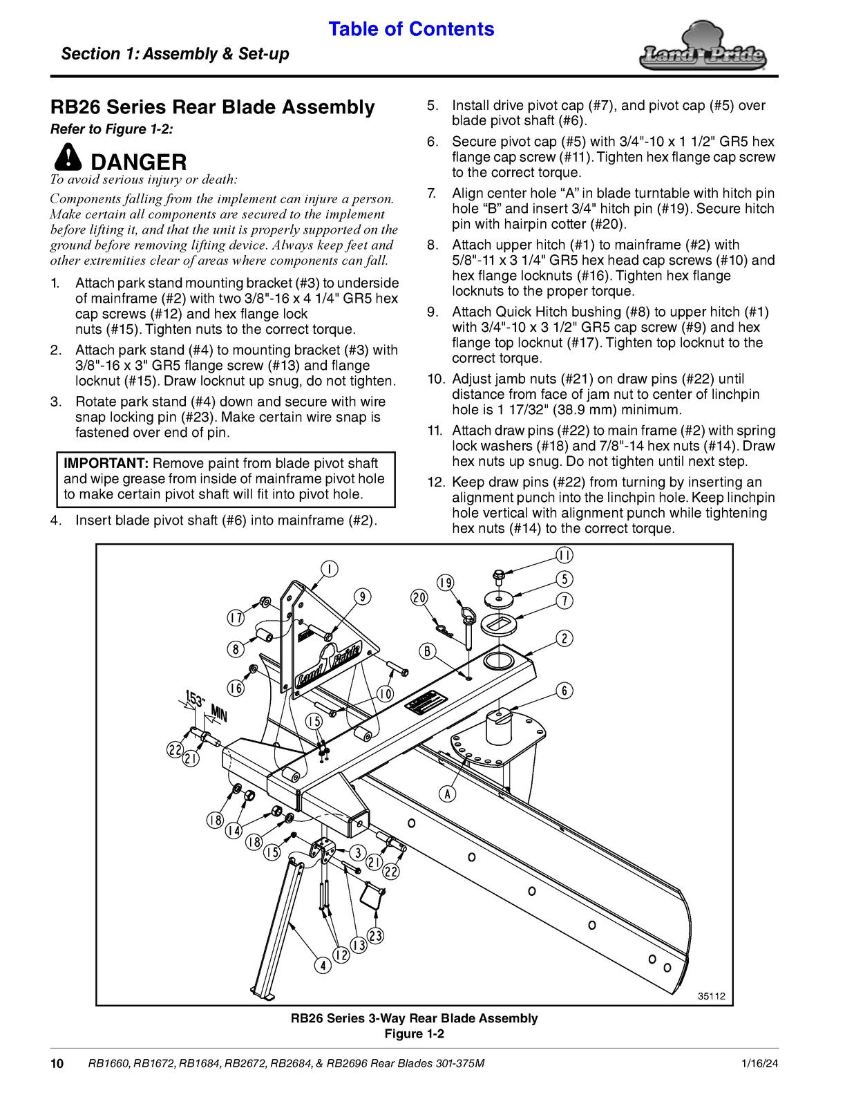 LAND PRIDE RB16 Series Rear Blades Operators Manual - WIRE BOUND - TOUGH COVERS