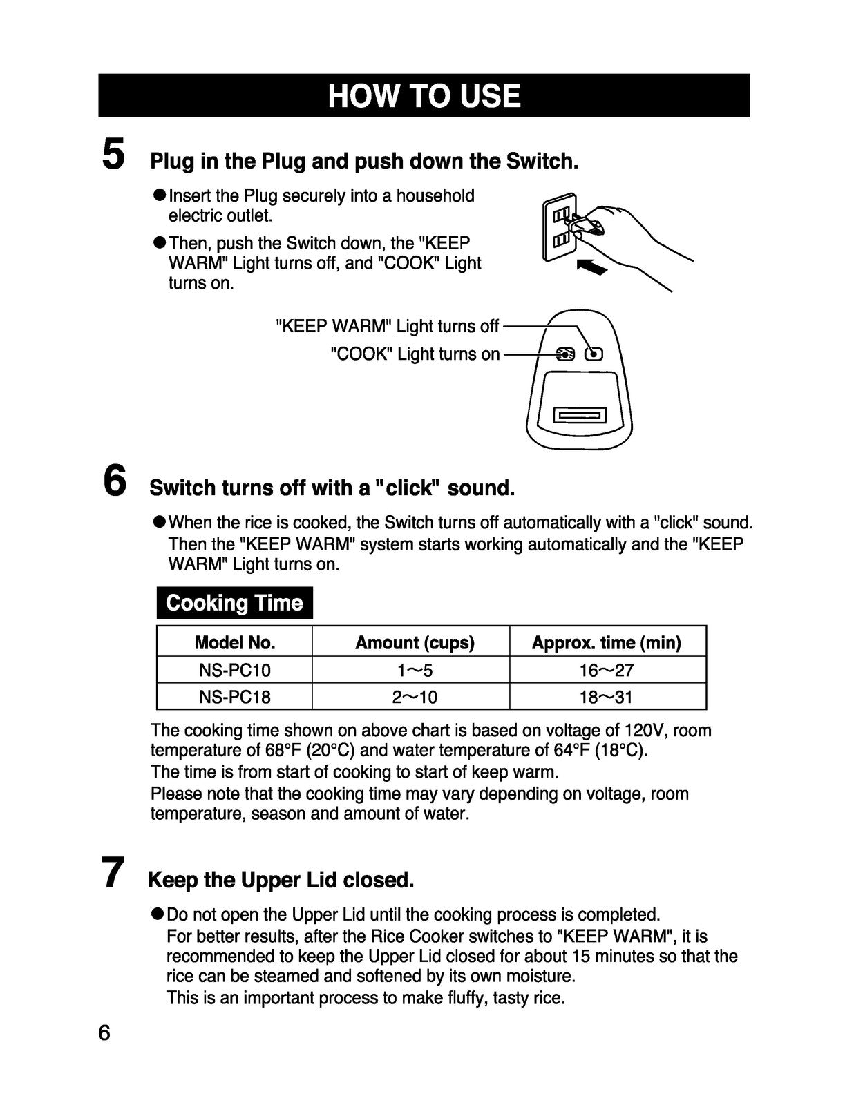 ZOJIRUSHI NS-PC10 18 Electric Rice Cooker  Operating Instructions Manual