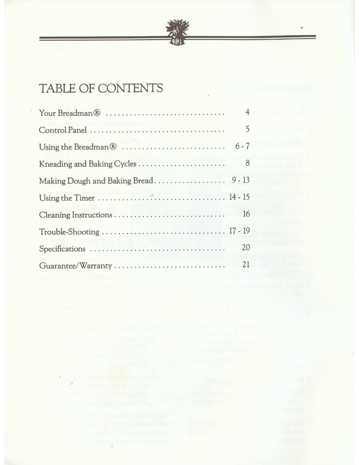 BREADMAN TR-400 Automatic Bread Baker Instruction Manual - WIRE BOUND - COVERS