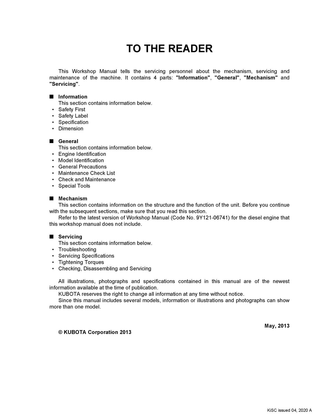 KUBOTA SVL75-2 Compact Track Loader Workshop Manual - BOUND - COVERS - FOLDOUTS