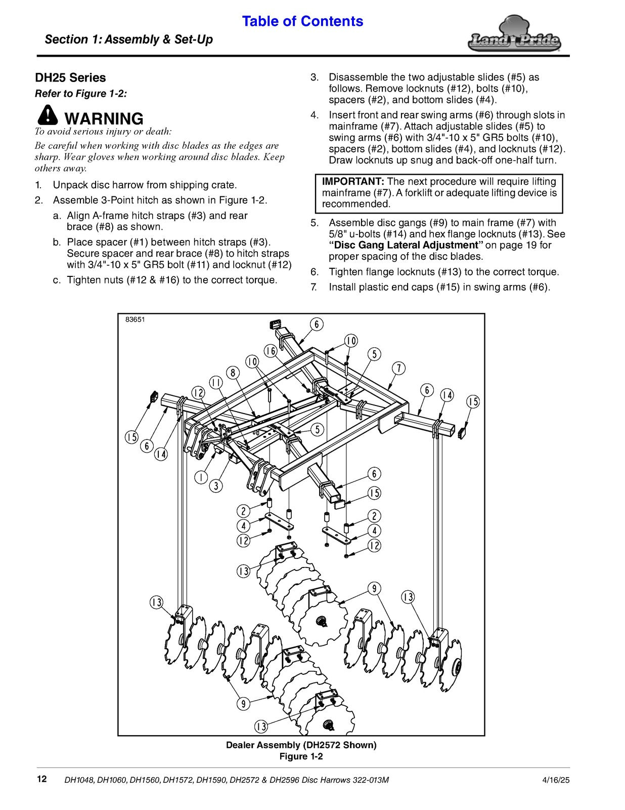 LAND PRIDE DH10 Series Disc Harrows Operators Manual - WIRE BOUND - TOUGH COVERS