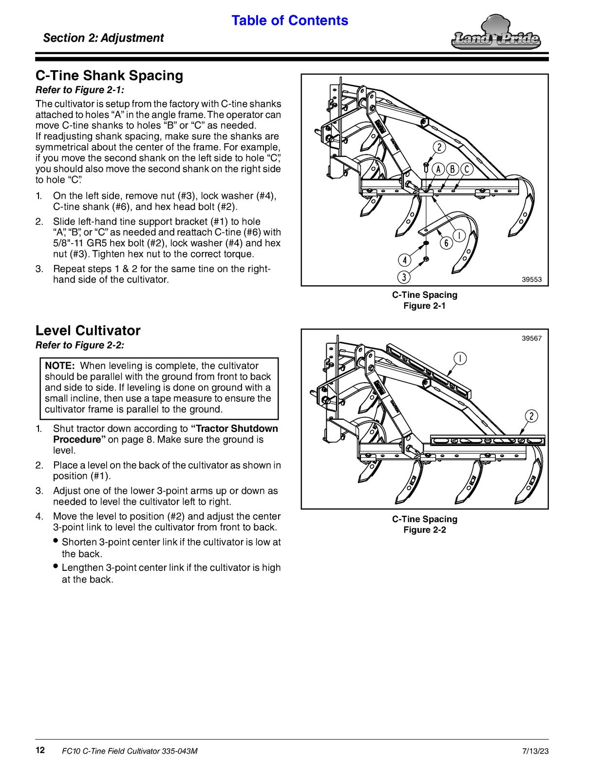 LAND PRIDE FC10 Series Field Cultivator Operators Manual - WIRE BOUND - COVERS