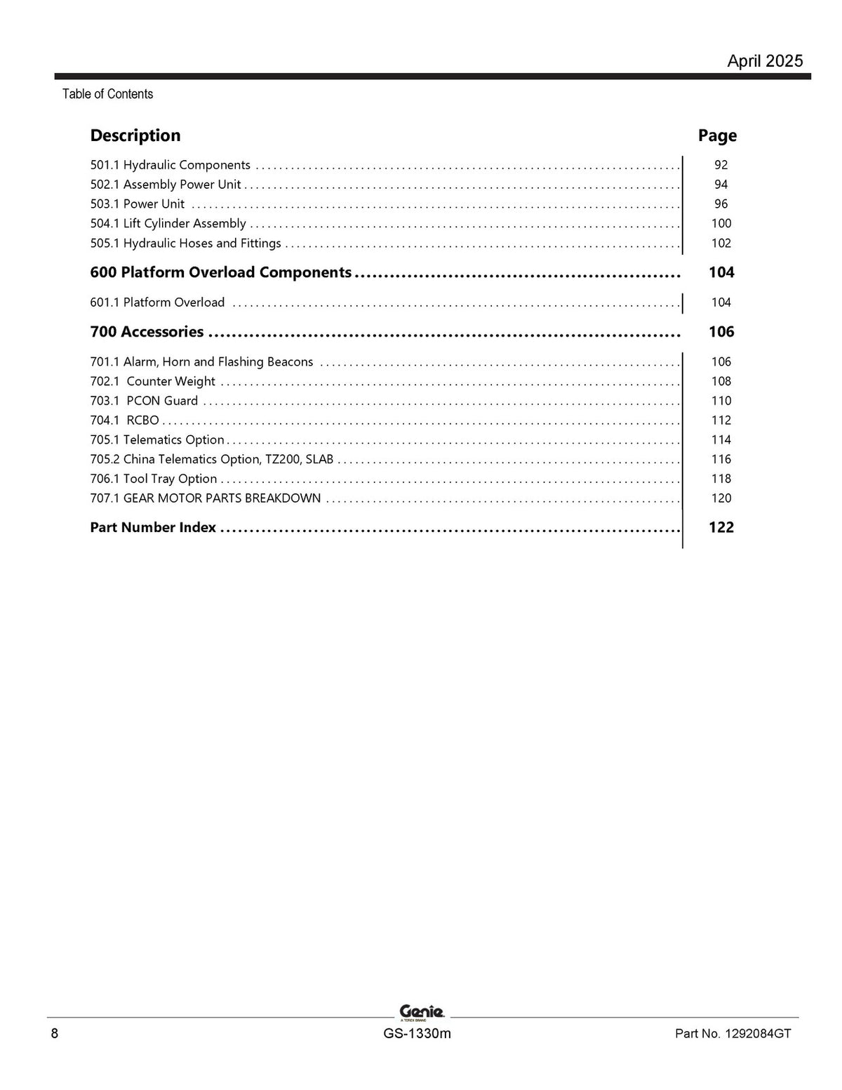 GENIE GS-1330m Scissor Lift Parts Manual SN GS30MD-101 Up 2025 - WIRE BOUND