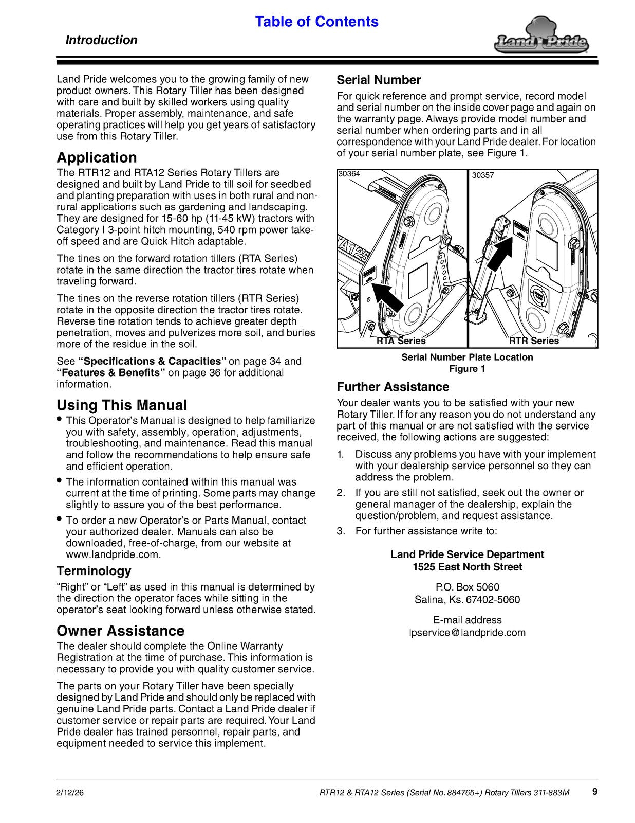 LAND PRIDE RTA12 Series Forward Rotation Rotary Tillers Operators Manual - BOUND
