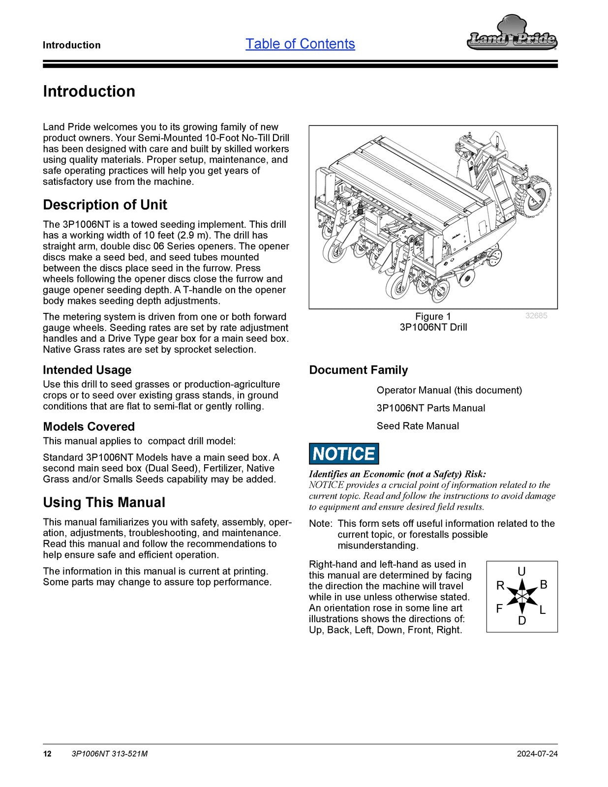 LAND PRIDE 3P1006NT Compact Drills Operators Manual 2024 - WIRE BOUND - COVERS