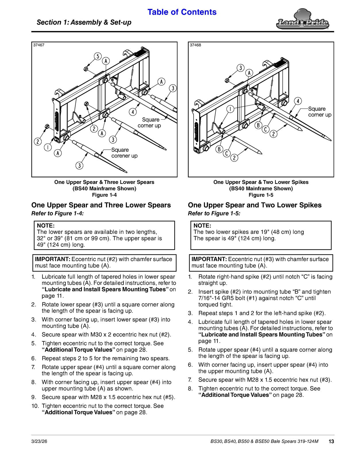 LAND PRIDE BS30 BS40 BS50 BSE50 Bale Spears Operators Manual - WIRE BOUND
